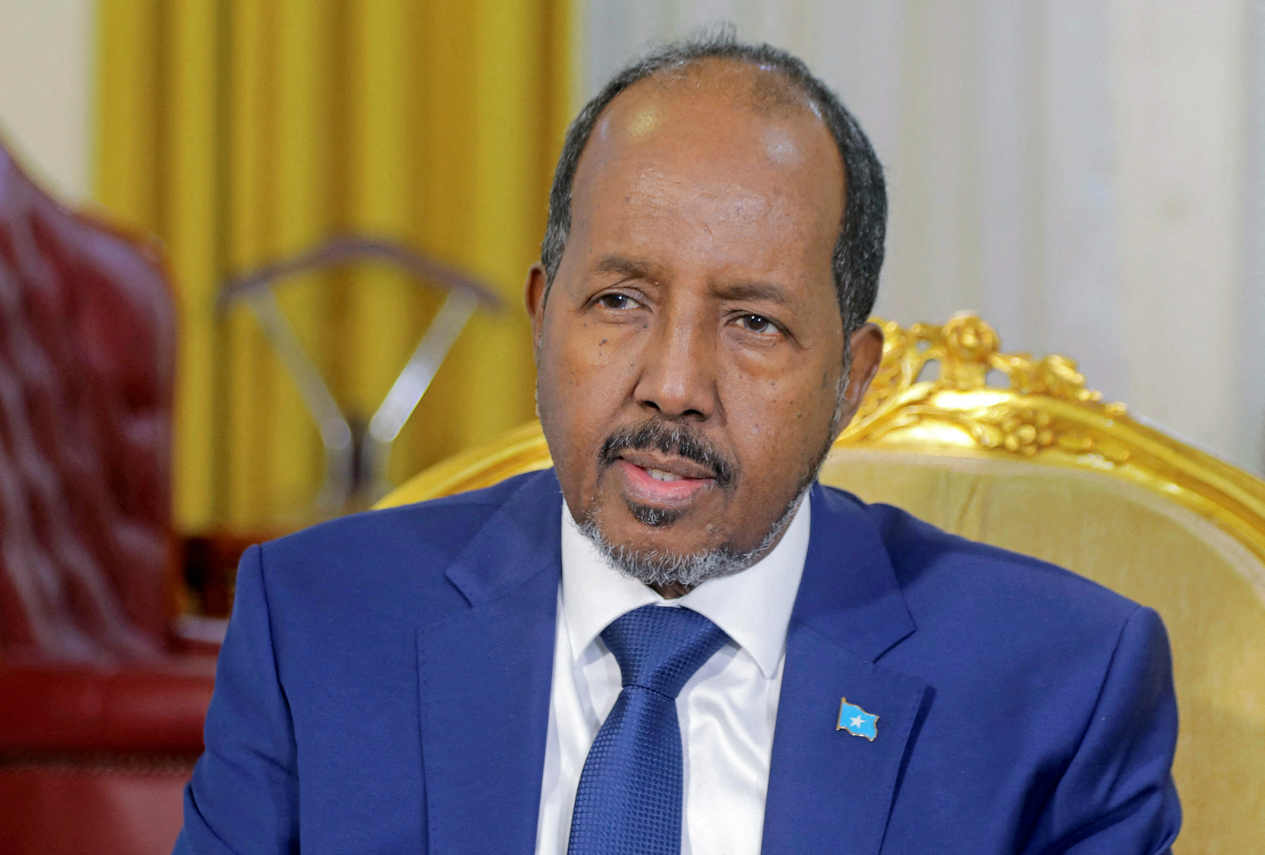Somalia's President Hassan Sheikh Mohamud speaks during a Reuters interview in Mogadishu