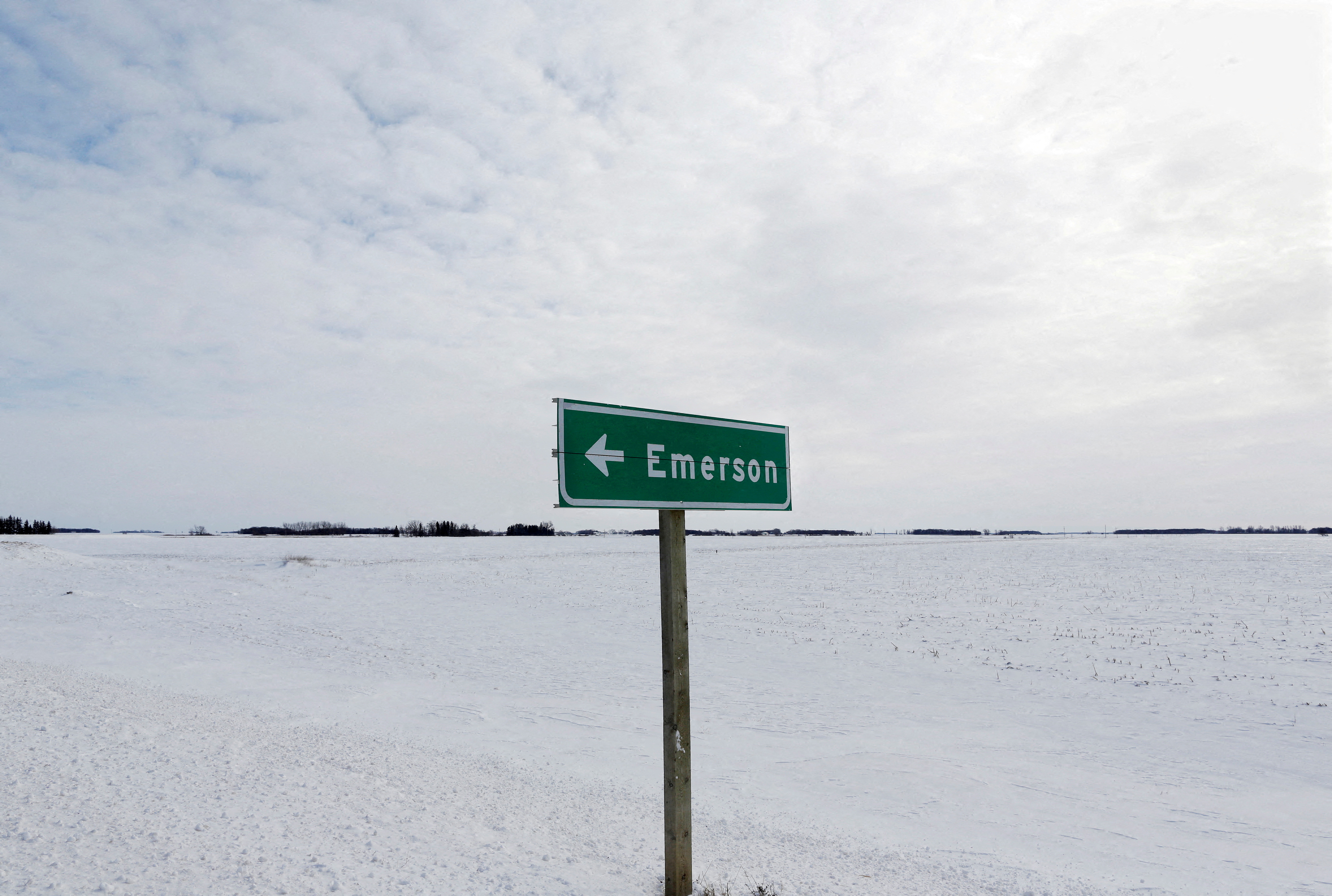 A sign post for the small border town of Emerson, near the Canada-U.S border crossing