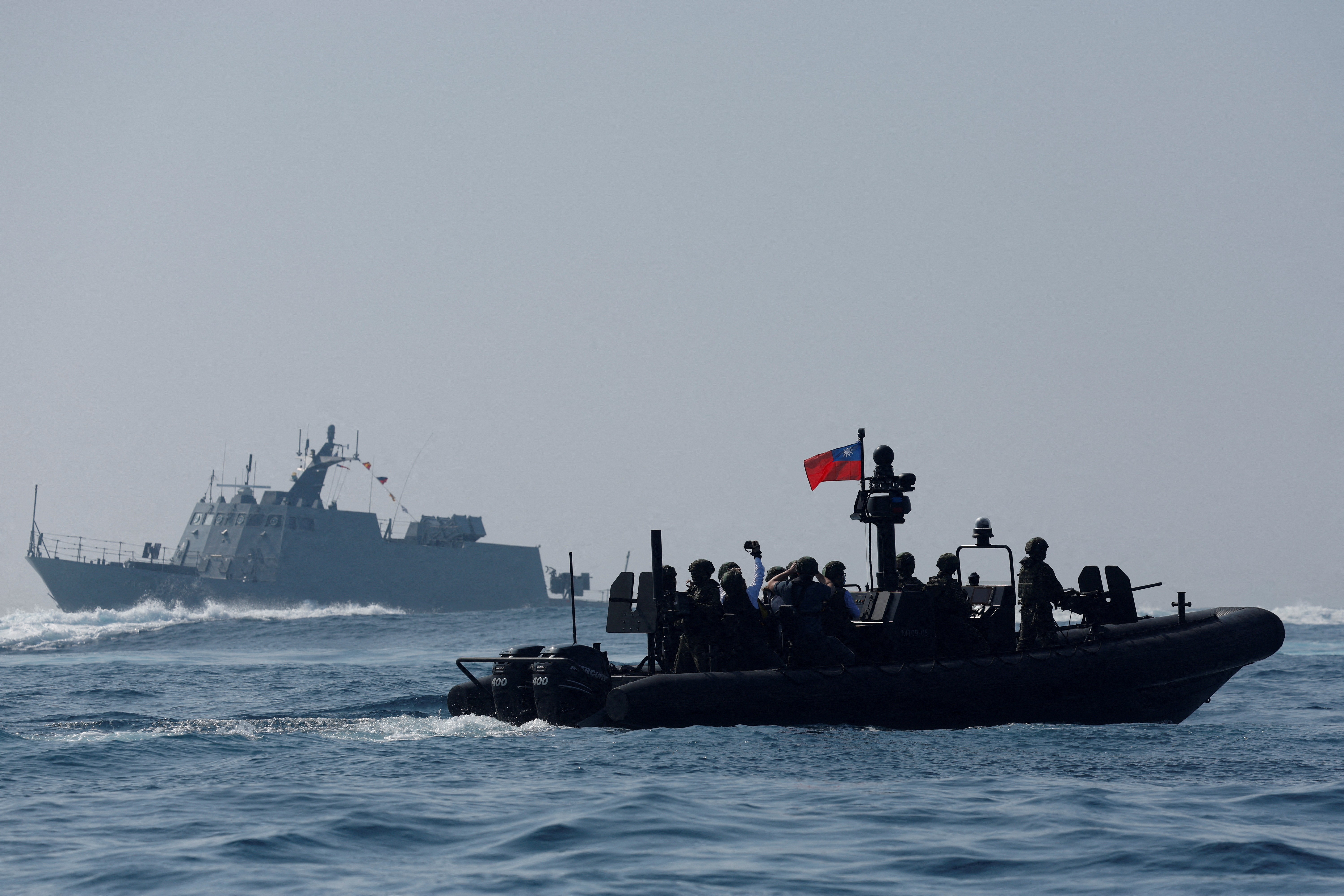 Members of Taiwan's Navy in a drill part of a demonstration for the media at a navy base in Kaohsiung