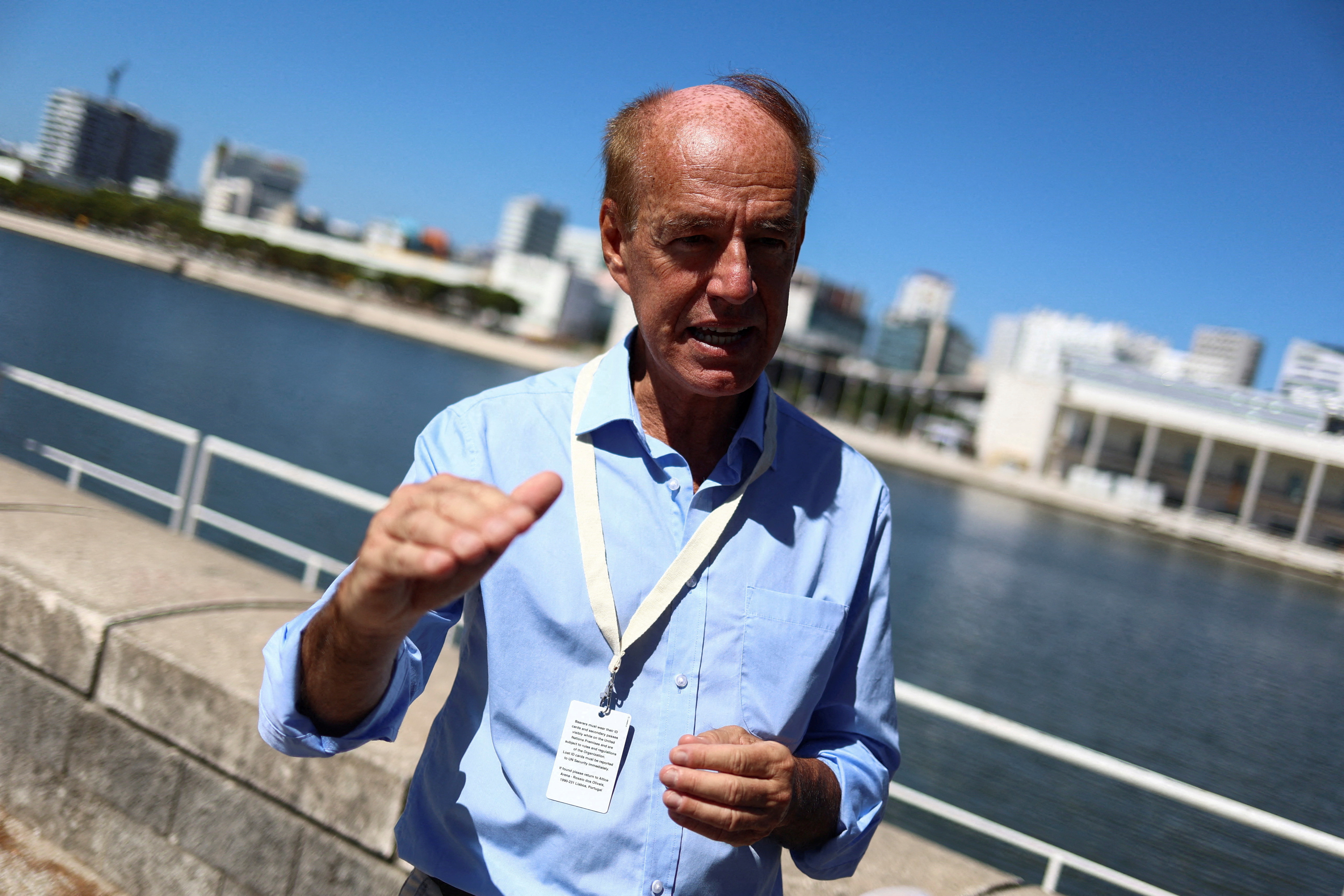 The director general of the World Wildlife Fund, Marco Lambertini, gives an interview to Reuters at the United Nations Ocean Conference in Lisbon