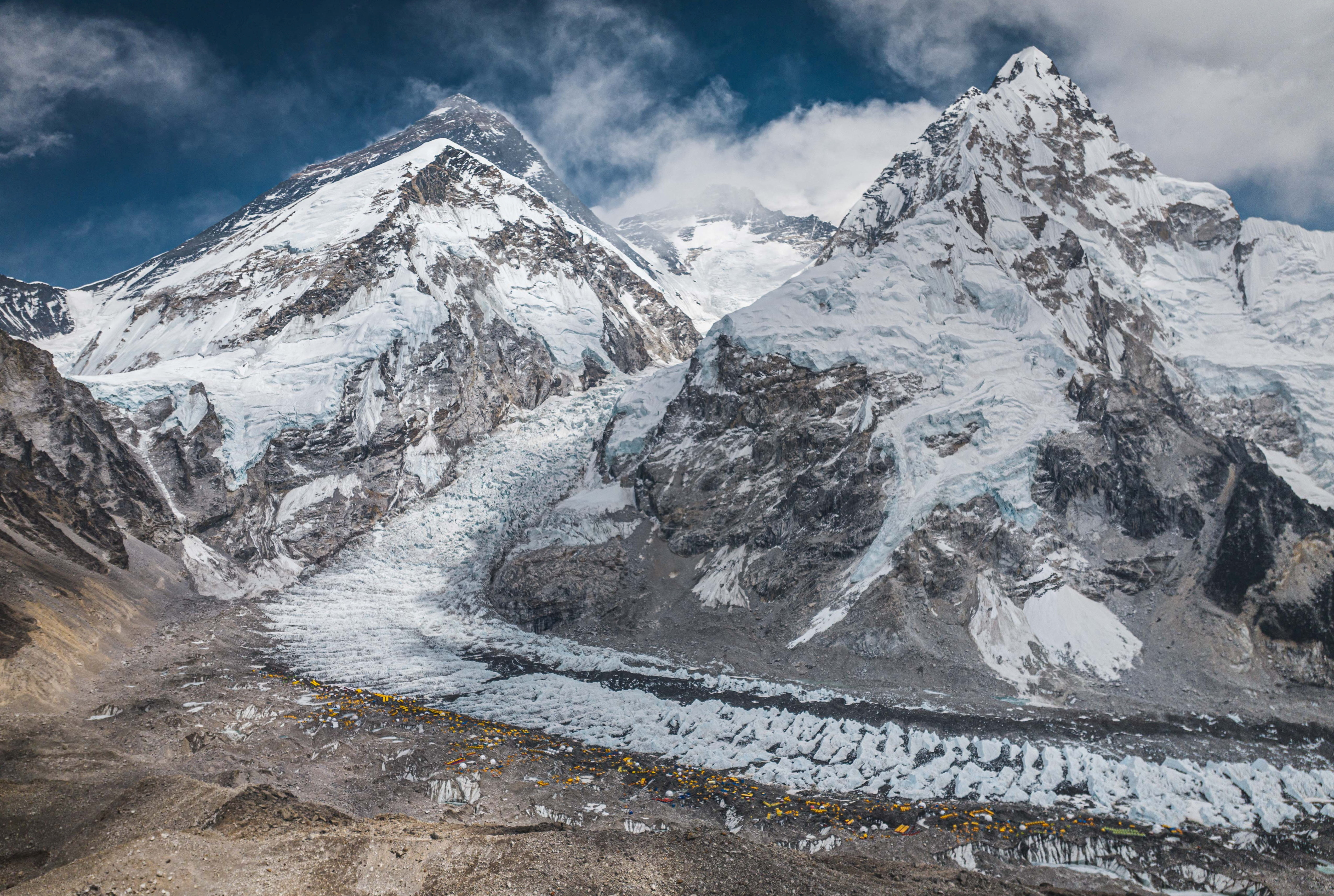 A drone view shows Mount Everest along with Khumbu Glacier and base camp in Nepal