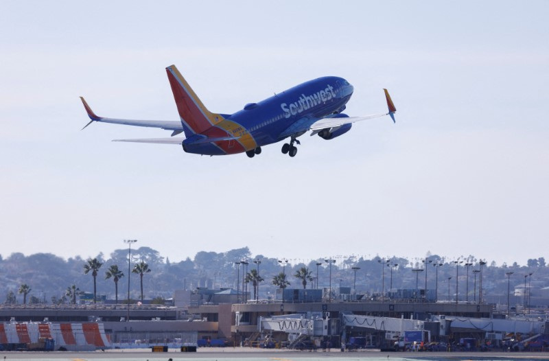 A Southwest Airlines flight takes off from San Diego airport