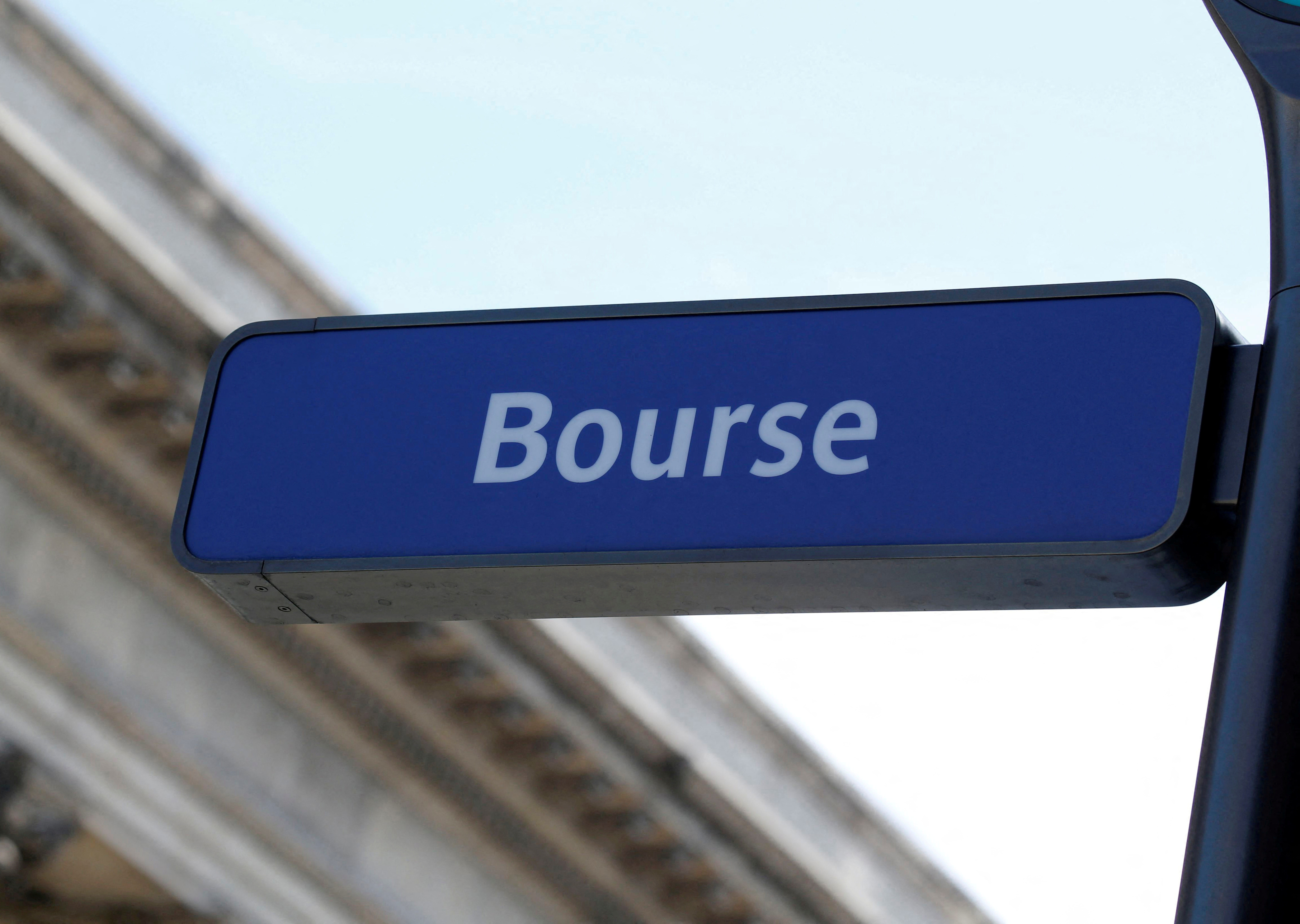 The word Bourse is seen on a sign near the Palais Brongniart, former Paris Stock Exchange, located Place de la Bourse in Paris
