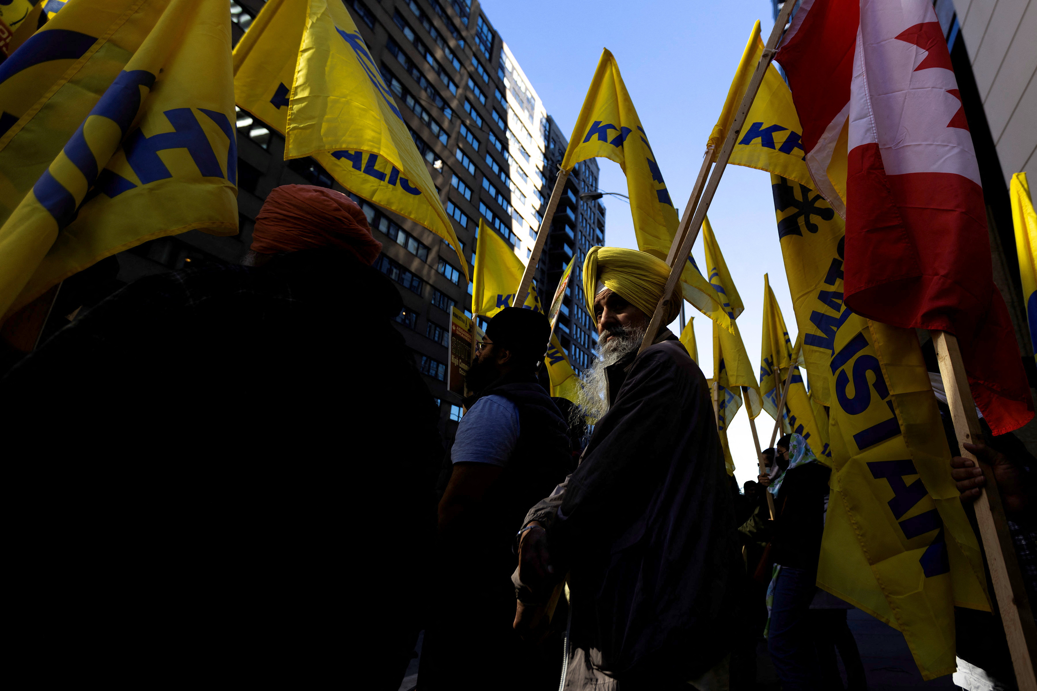 Sikh protesters picket outside the Consulate General of India