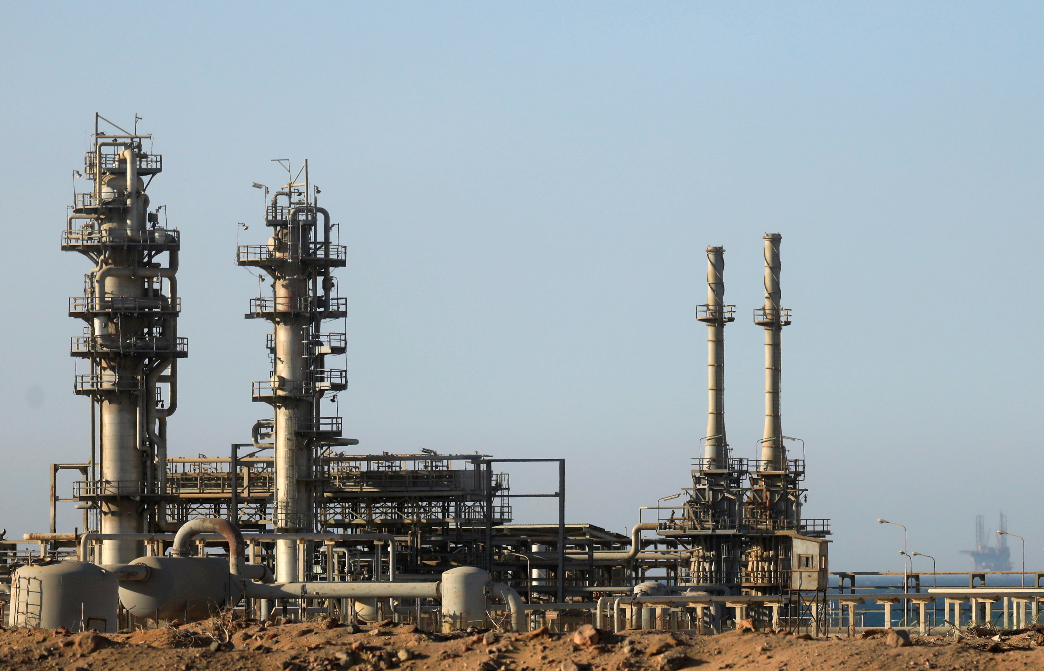 View of a gas plant seen from the desert road of Suez outside Cairo