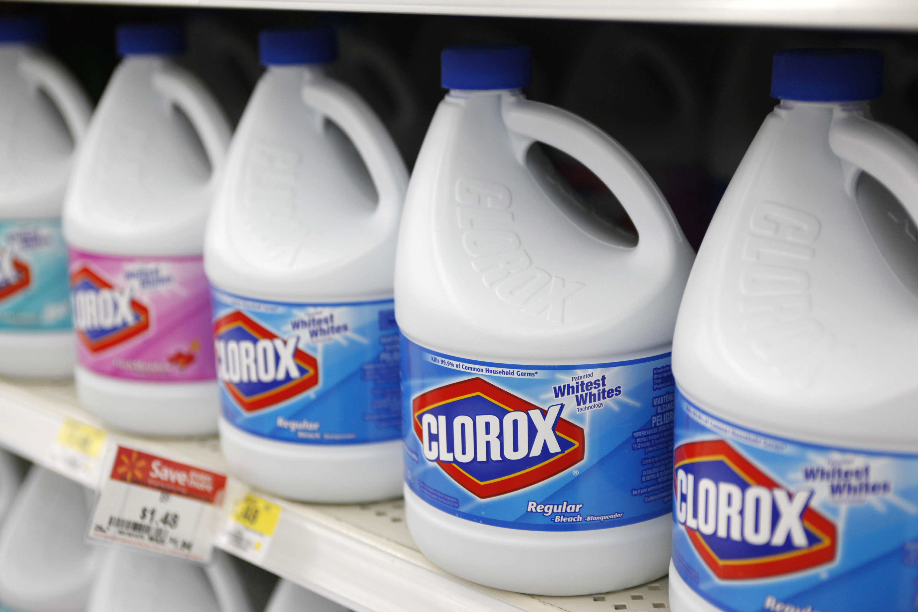 Bottles of Clorox bleach are displayed for sale on the shelves of a Wal-Mart store in Rogers