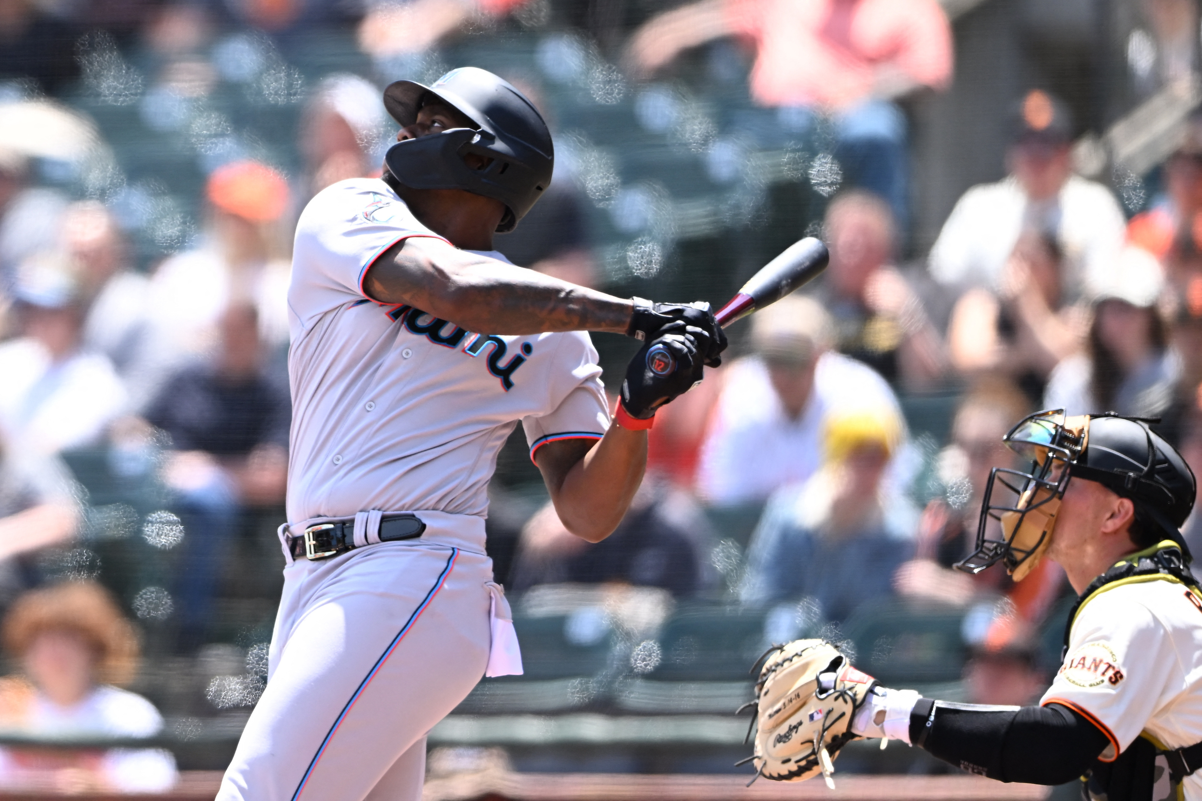 Jorge Soler of the Miami Marlins reacts after his solo home run