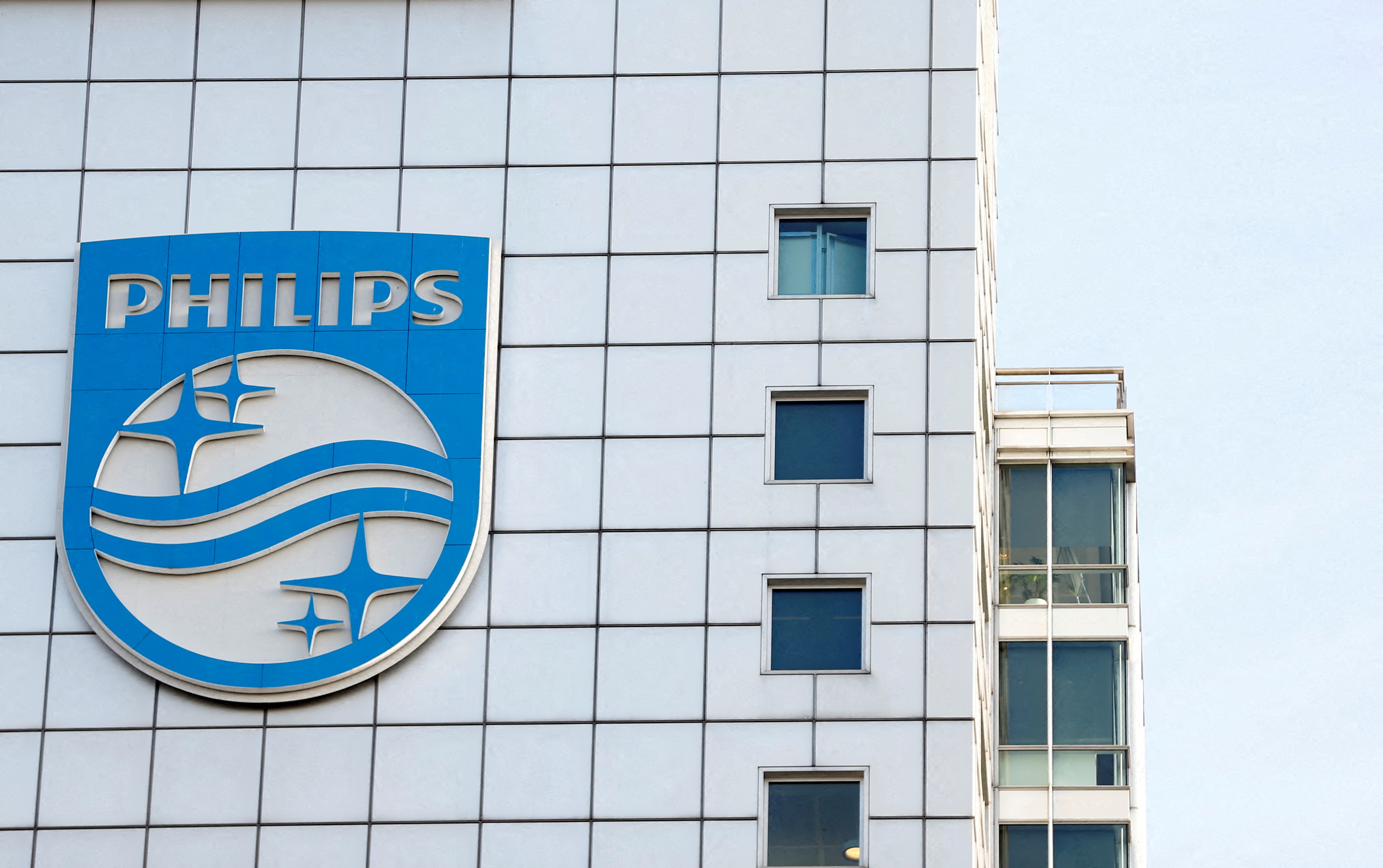 The logo of Dutch technology company Philips is seen at the company headquarters in Amsterdam
