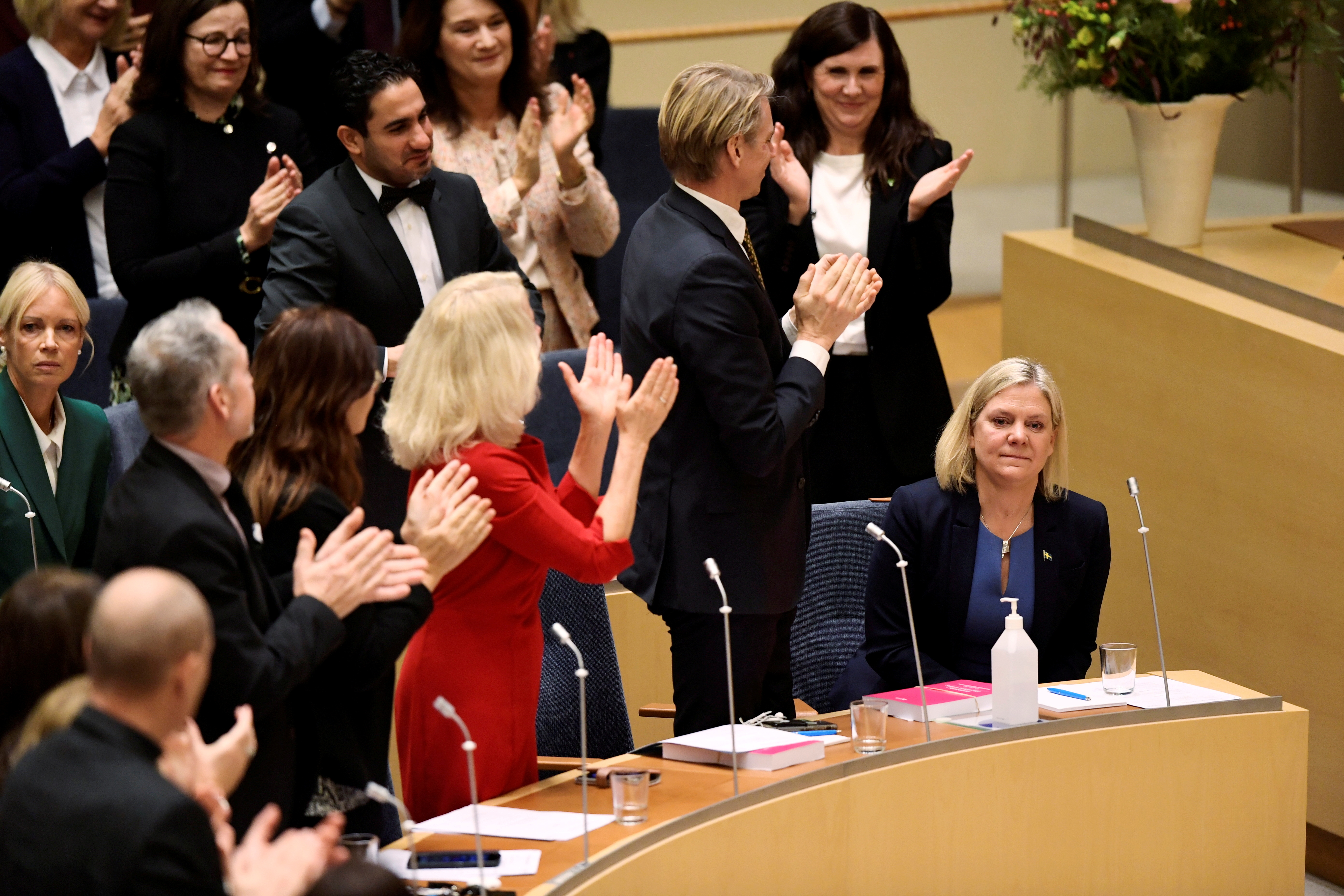 Current Finance Minister and Social Democrat leader Magdalena Andersson is congratulated after being appointed as the country's new Prime Minister following a voting at the Swedish Parliament Riksdagen in Stockholm, Sweden November 24, 2021. Andersson is the first ever Swedish female prime minister. Erik Simander /TT News Agency/via REUTERS  
