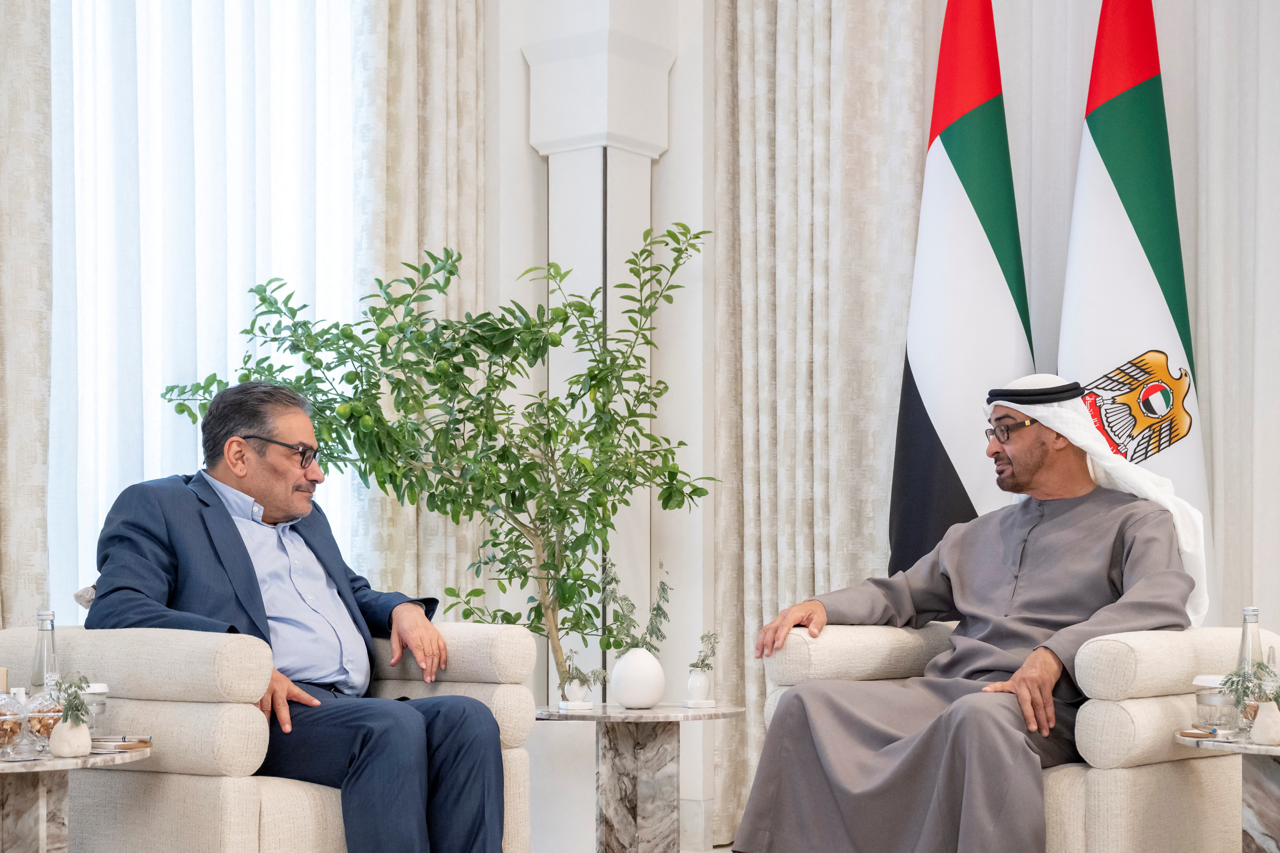 President of the United Arab Emirates Sheikh Mohamed bin Zayed Al Nahyan meets with Iran's top security official Ali Shamkhani, in Abu Dhabi