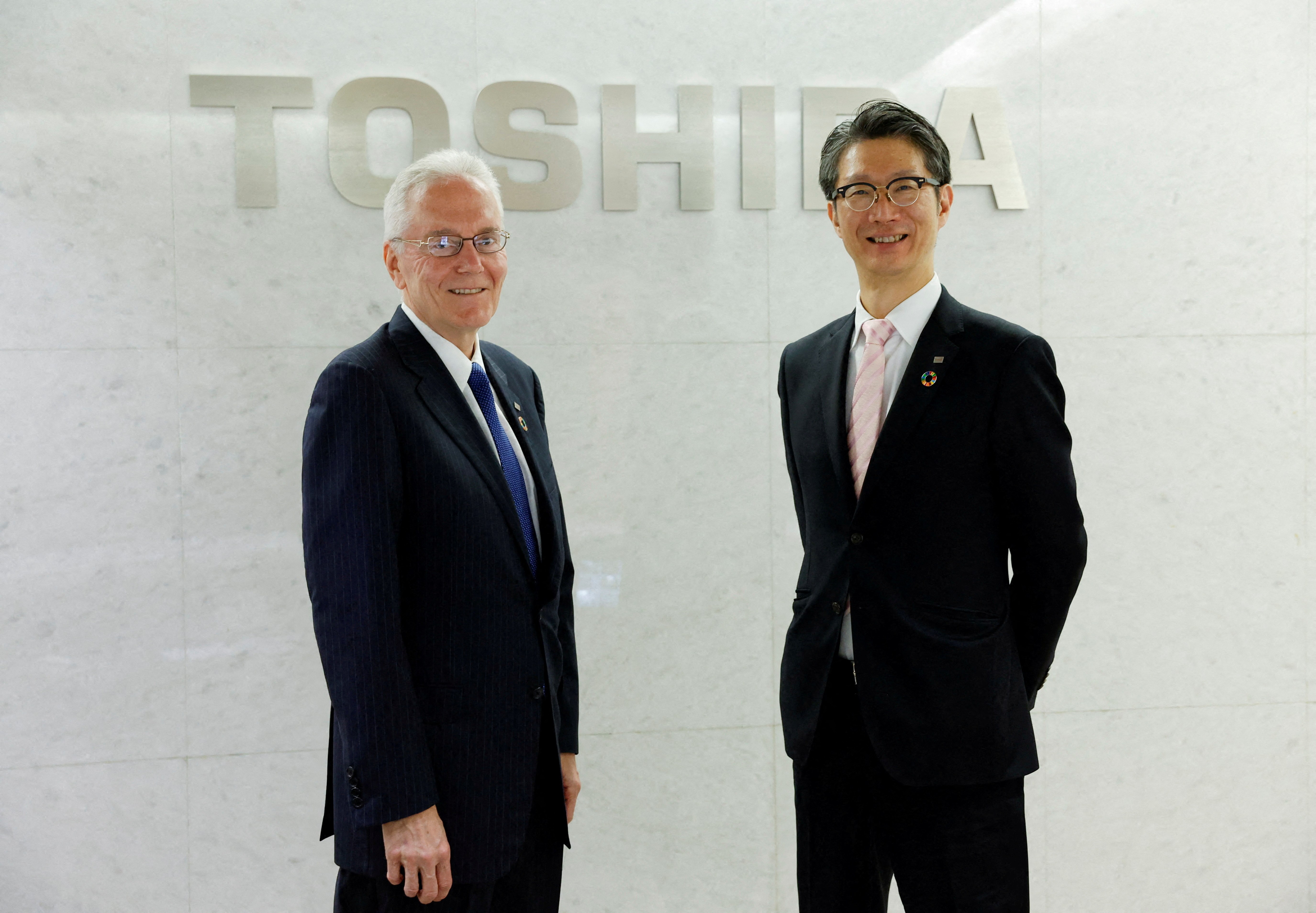 Toshiba Corp. Chief Executive Taro Shimada and external director Jerry Black pose for a photograph during an interview in Tokyo