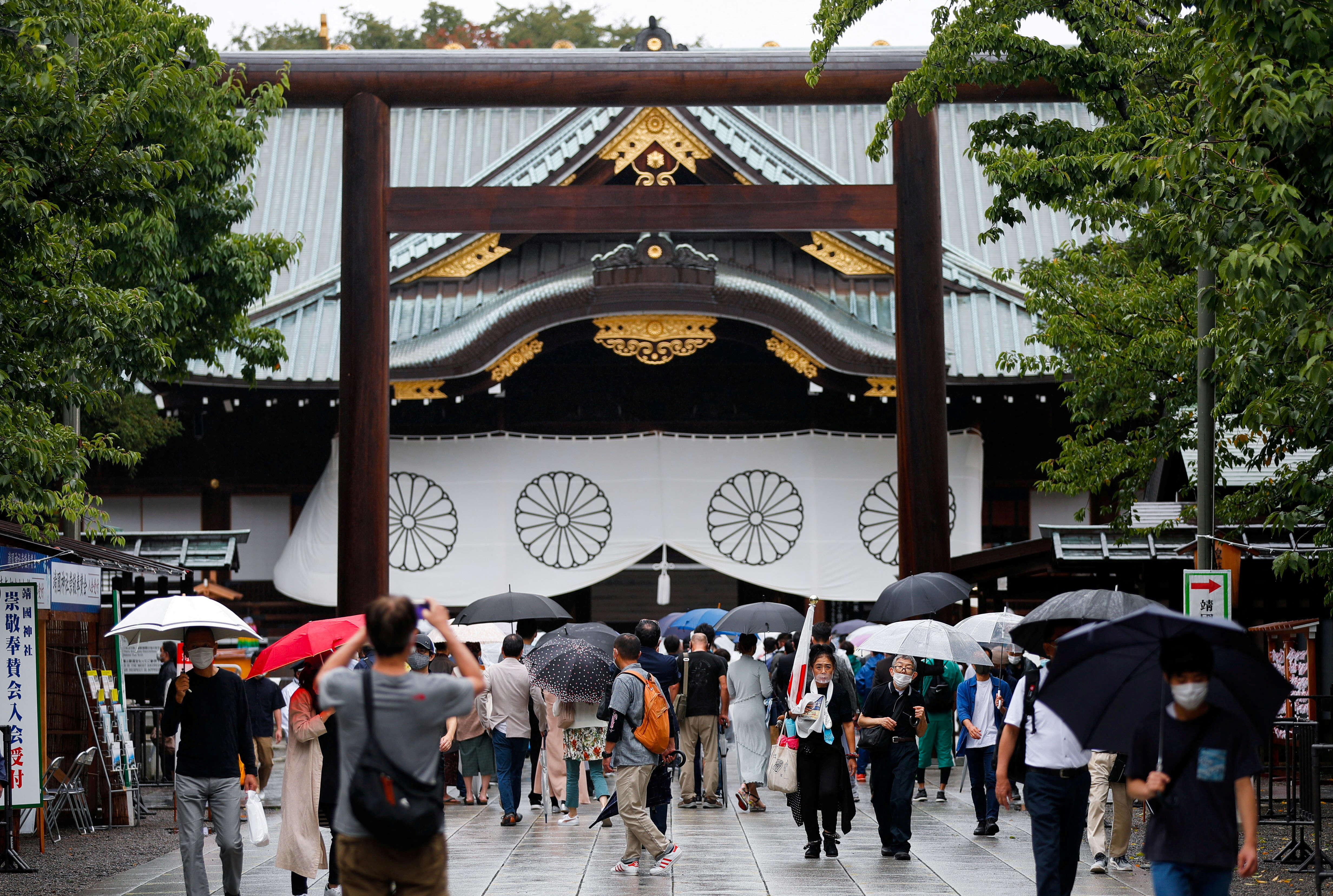 People visit Yasukuni Shrine in Tokyo, Japan