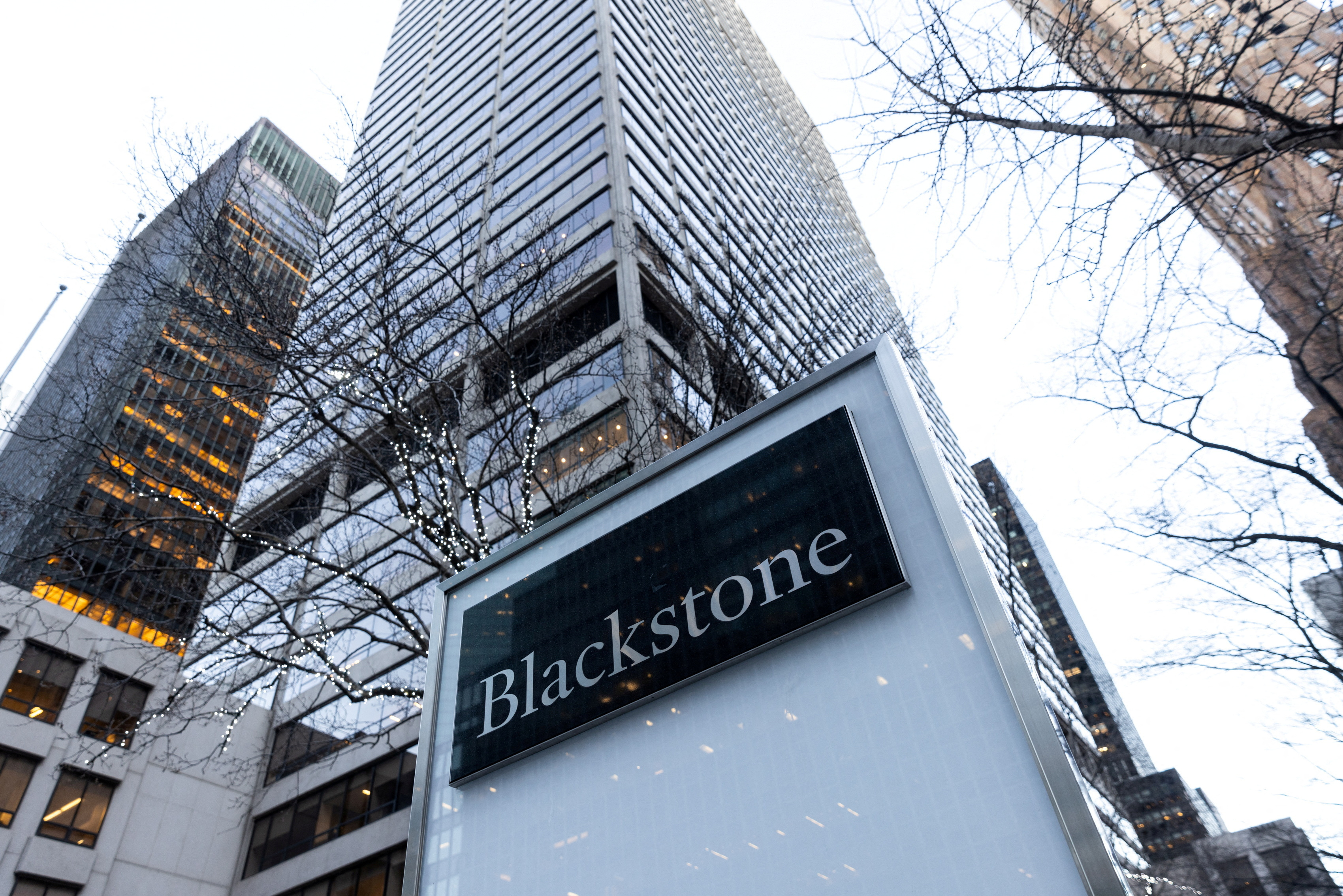 Signage is seen outside the Blackstone Group headquarters in New York City