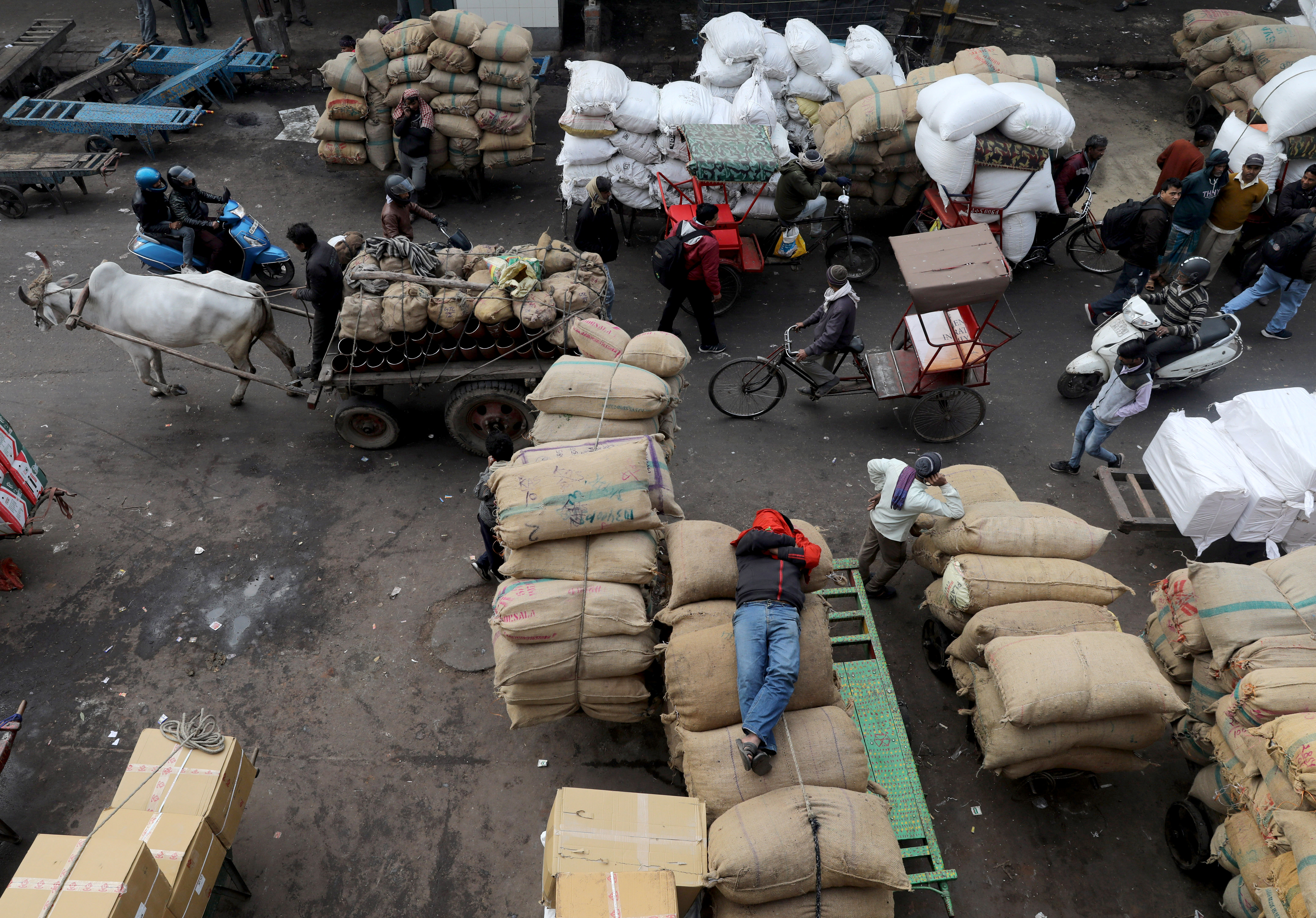 A labourer sleeps on sacks as traffic moves past him in a wholesale market in the old quarters of Delhi, India, January 7, 2020. REUTERS/Anushree Fadnavis