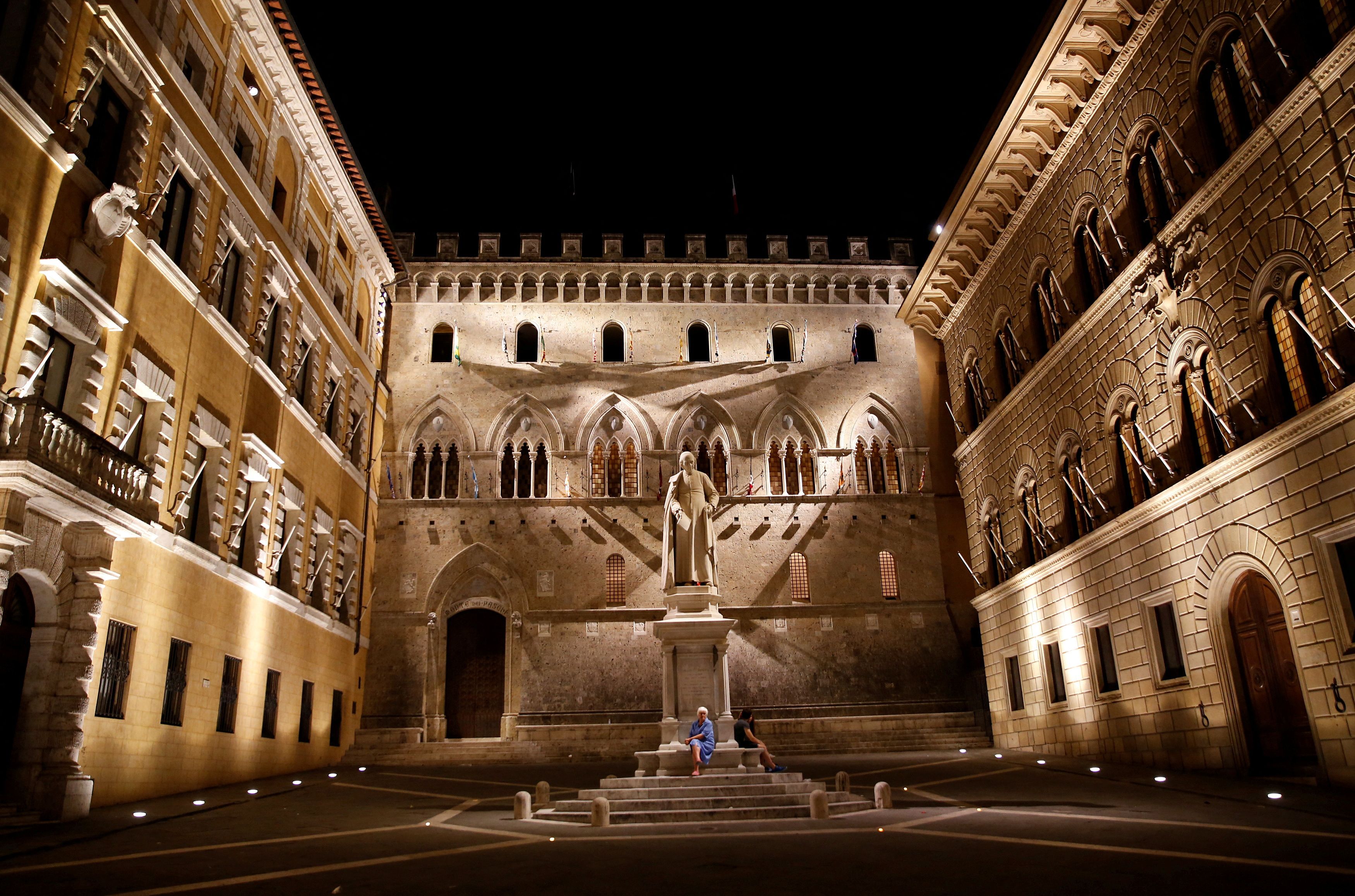 The entrance of Monte dei Paschi di Siena bank's headquarter is seen in downtown Siena