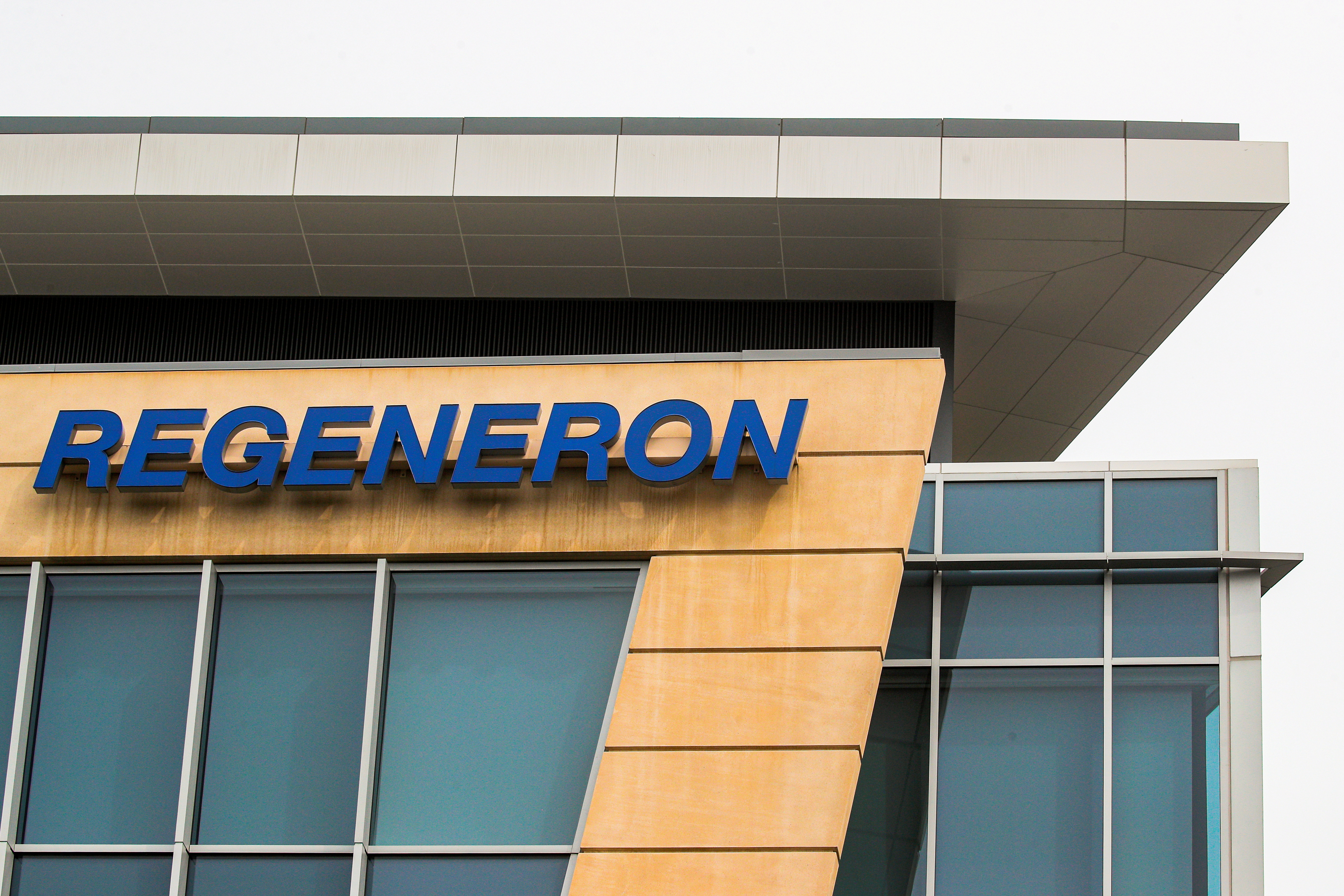 The Regeneron Pharmaceuticals company logo is seen on a building at the company's Westchester campus in Tarrytown
