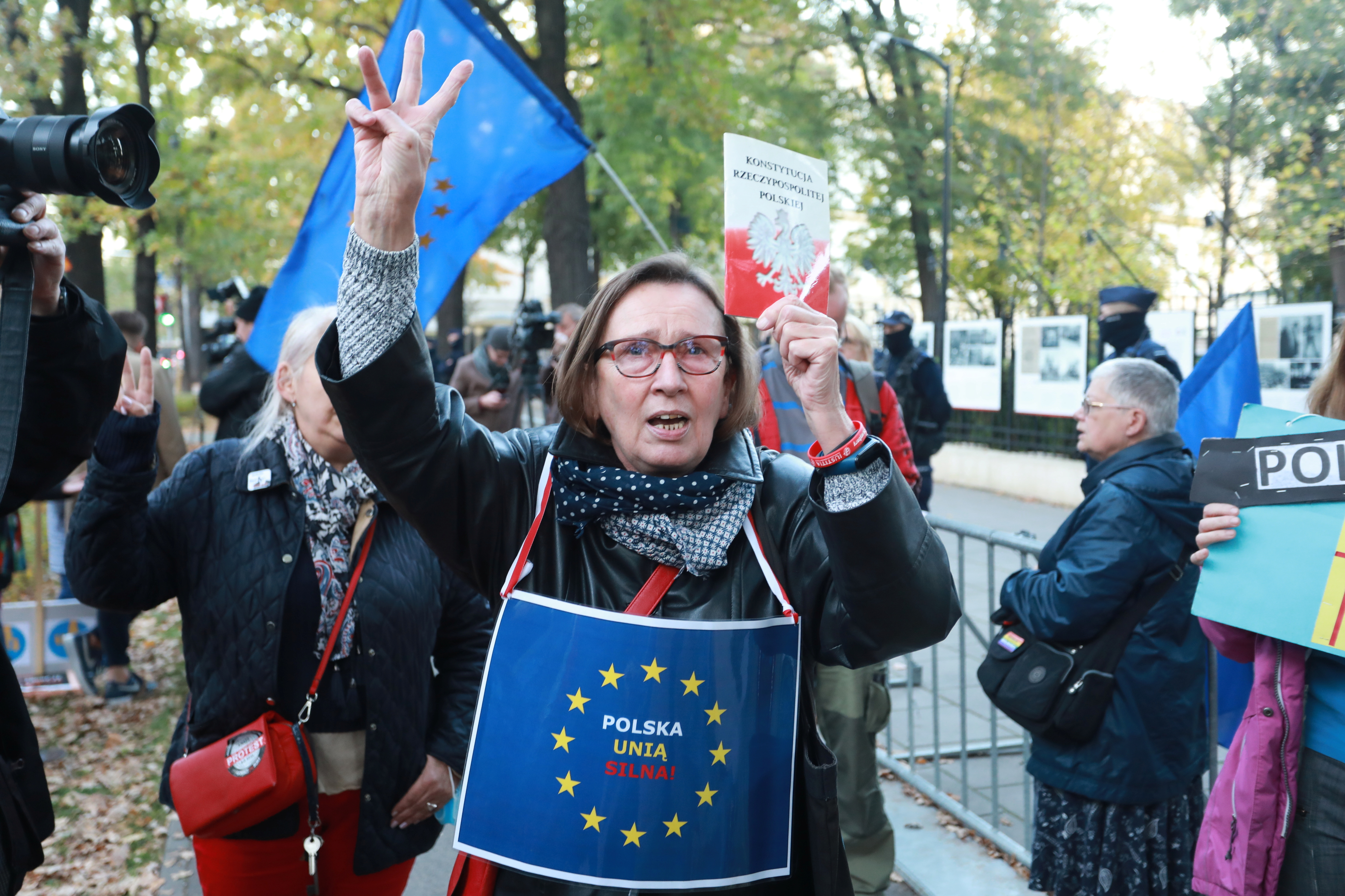 People demonstrate in front of the Constitutional Tribunal building in Warsaw