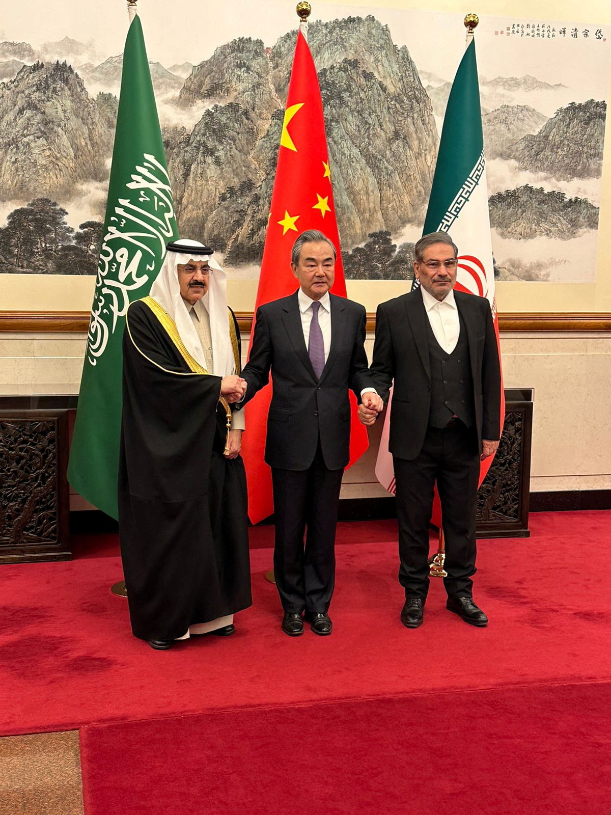 Saudi Minister of State and National Security Adviser Al-Aiban meets Iranian Rear Admiral Ali Shamkhani in Beijing