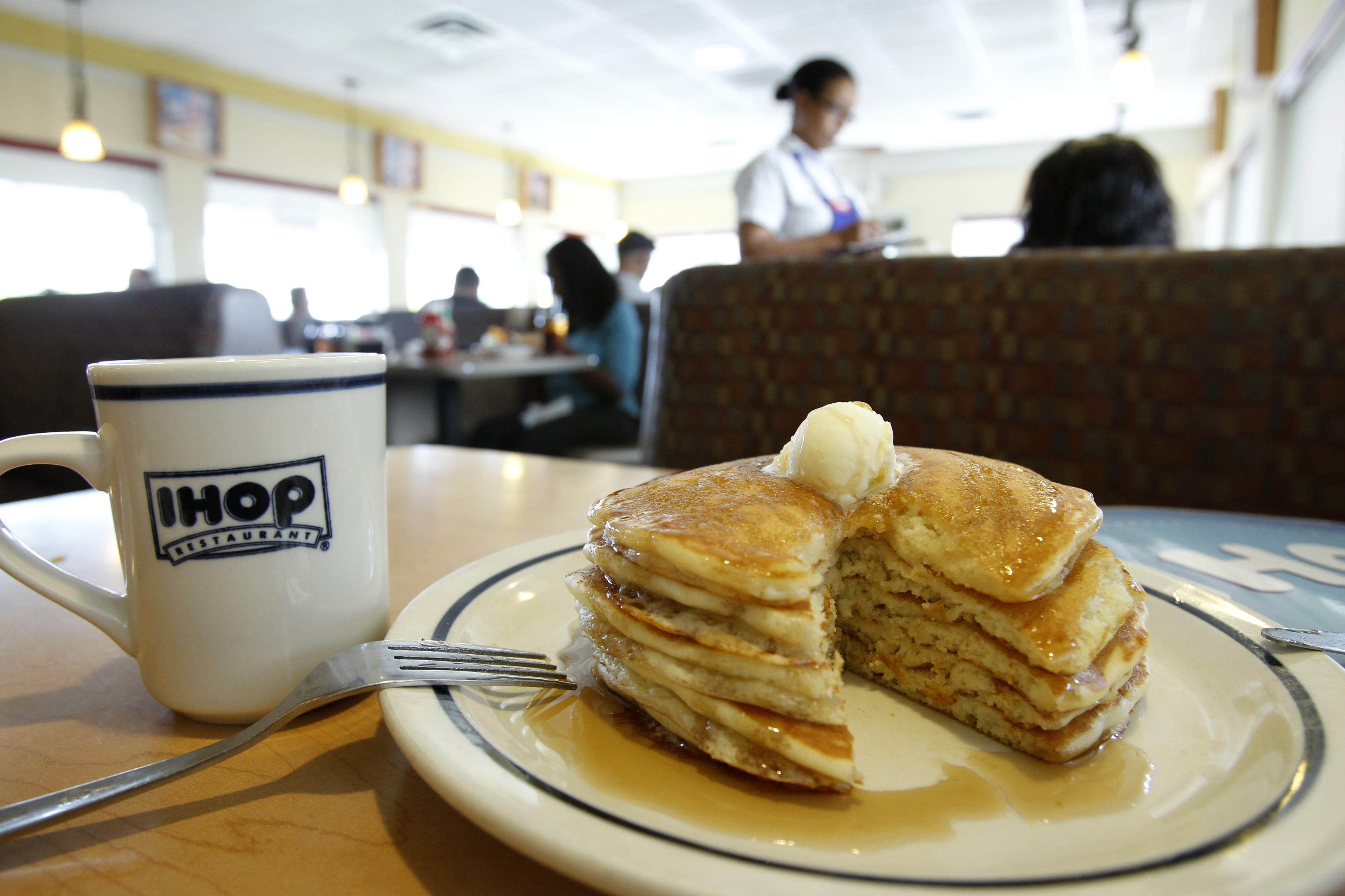 A stack of pancakes are pictured at an IHOP restaurant in Los Angeles
