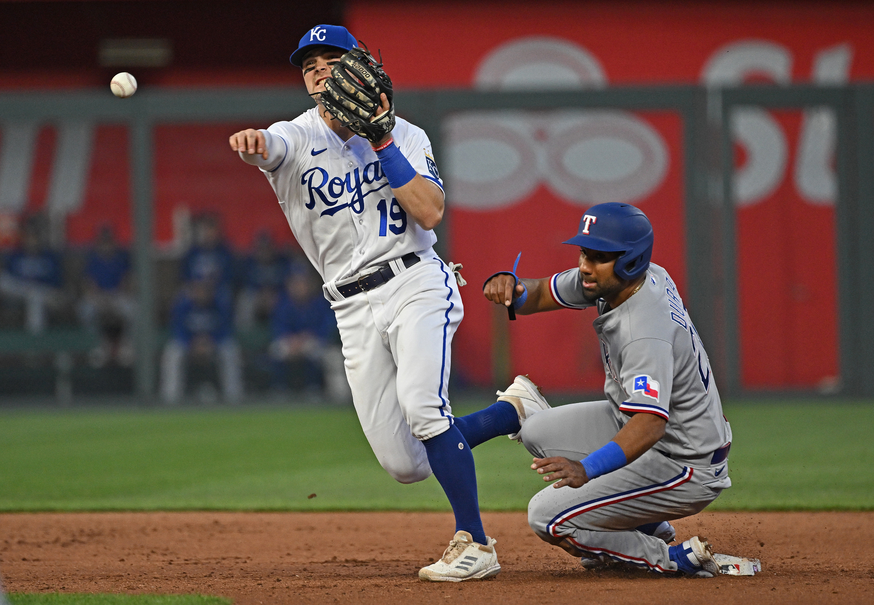 KANSAS CITY, MO - APRIL 18: Kansas City Royals center fielder Kyle Isbel  (28) during an MLB game between the Texas Rangers and Kansas City Royals on  April 18, 2023 at Kauffman