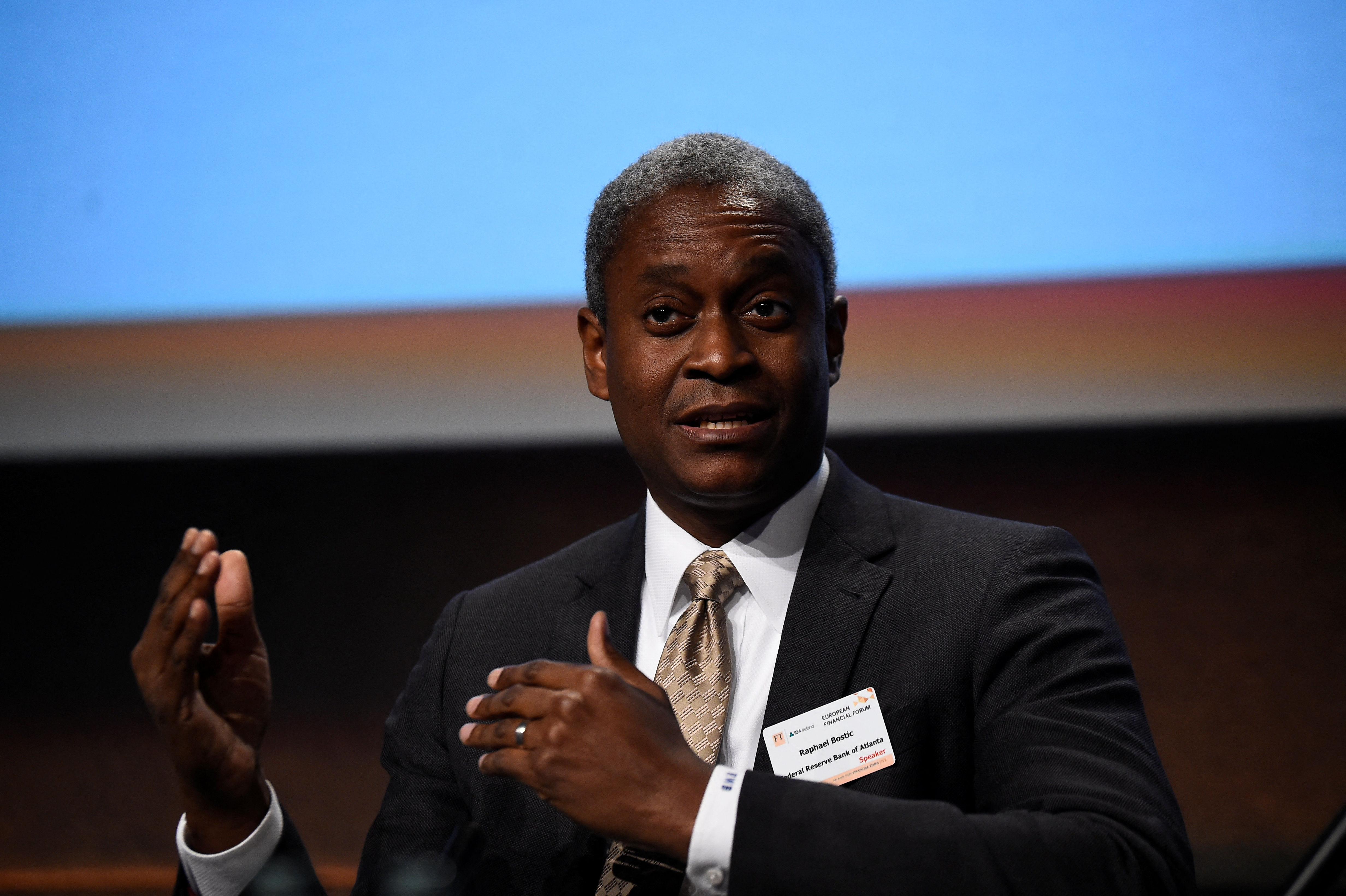 President and Chief Executive Officer of the Federal Reserve Bank of Atlanta Raphael W. Bostic speaks at a European Financial Forum event in Dublin