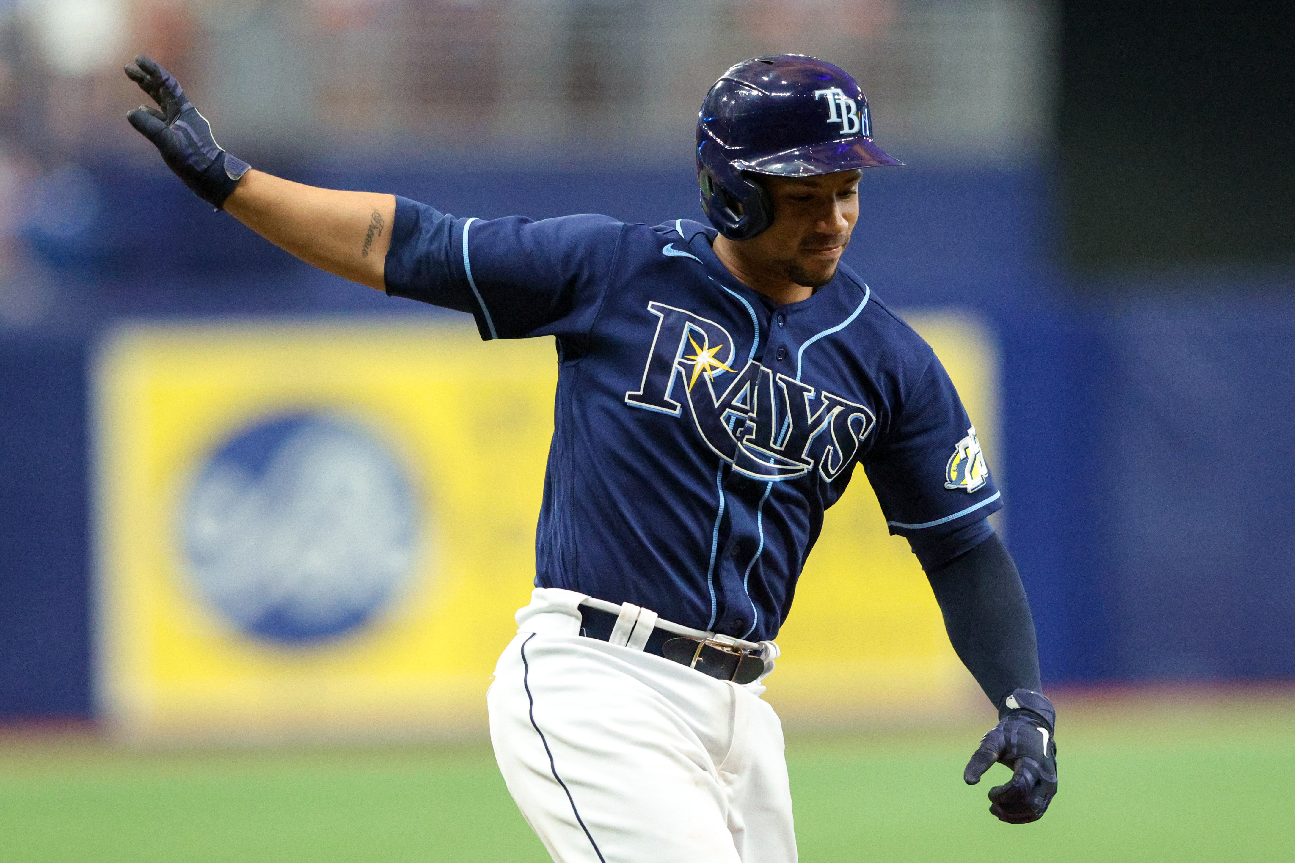 Tampa Bay Rays' Ji-Man Choi (26) warms up before a baseball game against  the Kansas City Royals at Kauffman Stadium in Kansas City, Mo., Monday,  April 29, 2019. (AP Photo/Orlin Wagner Stock