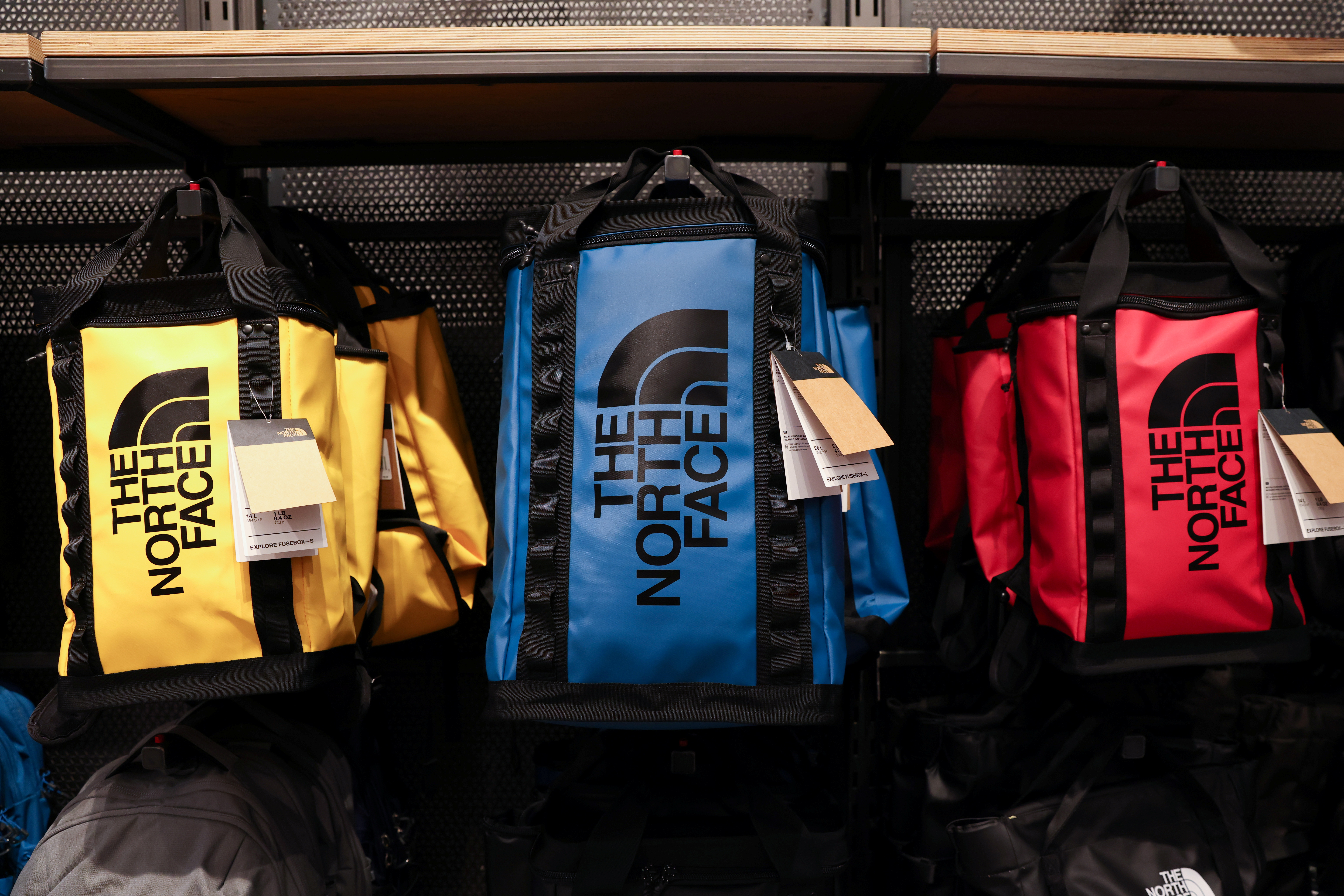 Bags are seen for sale at The North Face, a brand owned by VF Corporation, in Manhattan, New York City