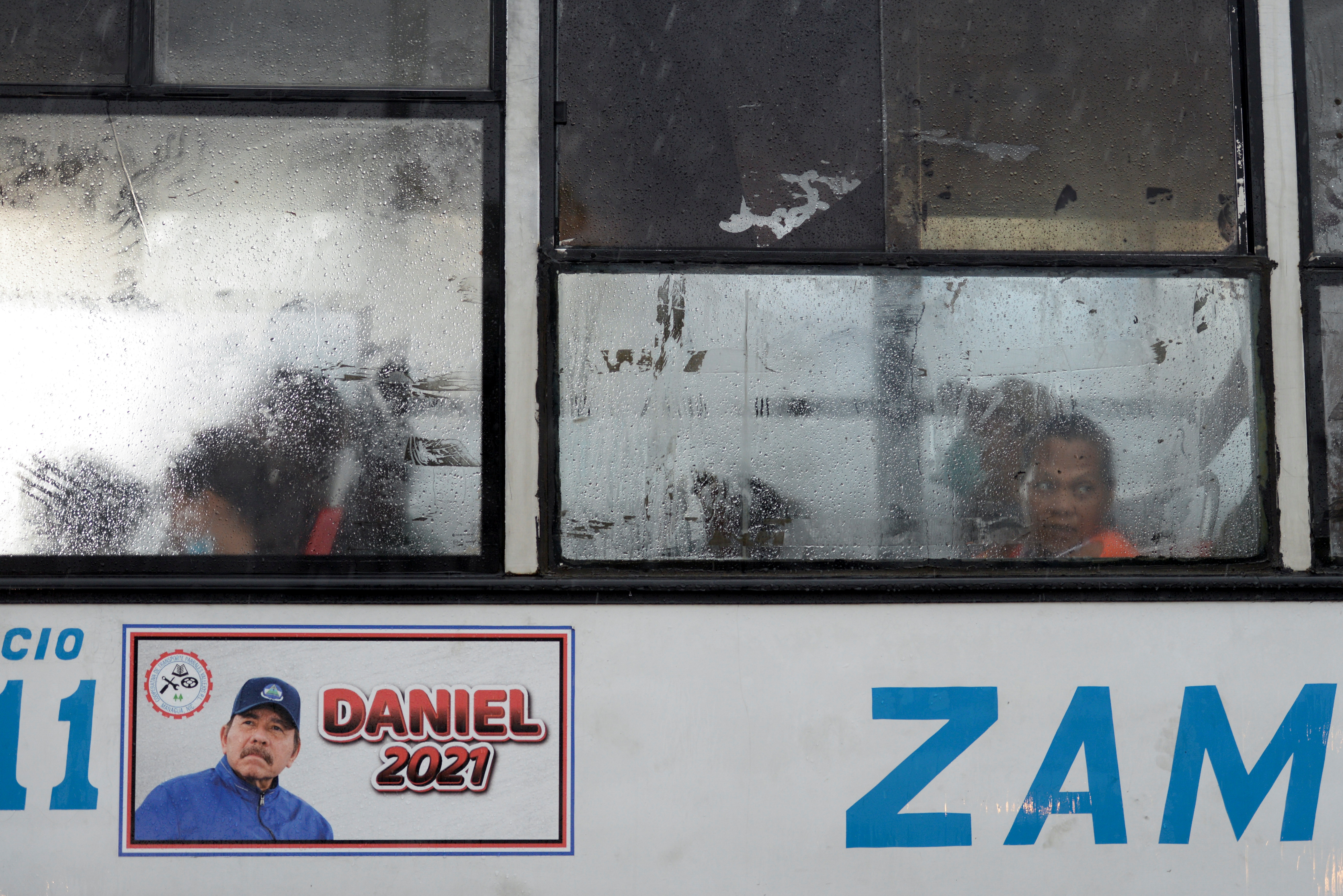Sticker promoting candidacy of Nicaragua's President Ortega in 2021 election is pictured on bus in Managua