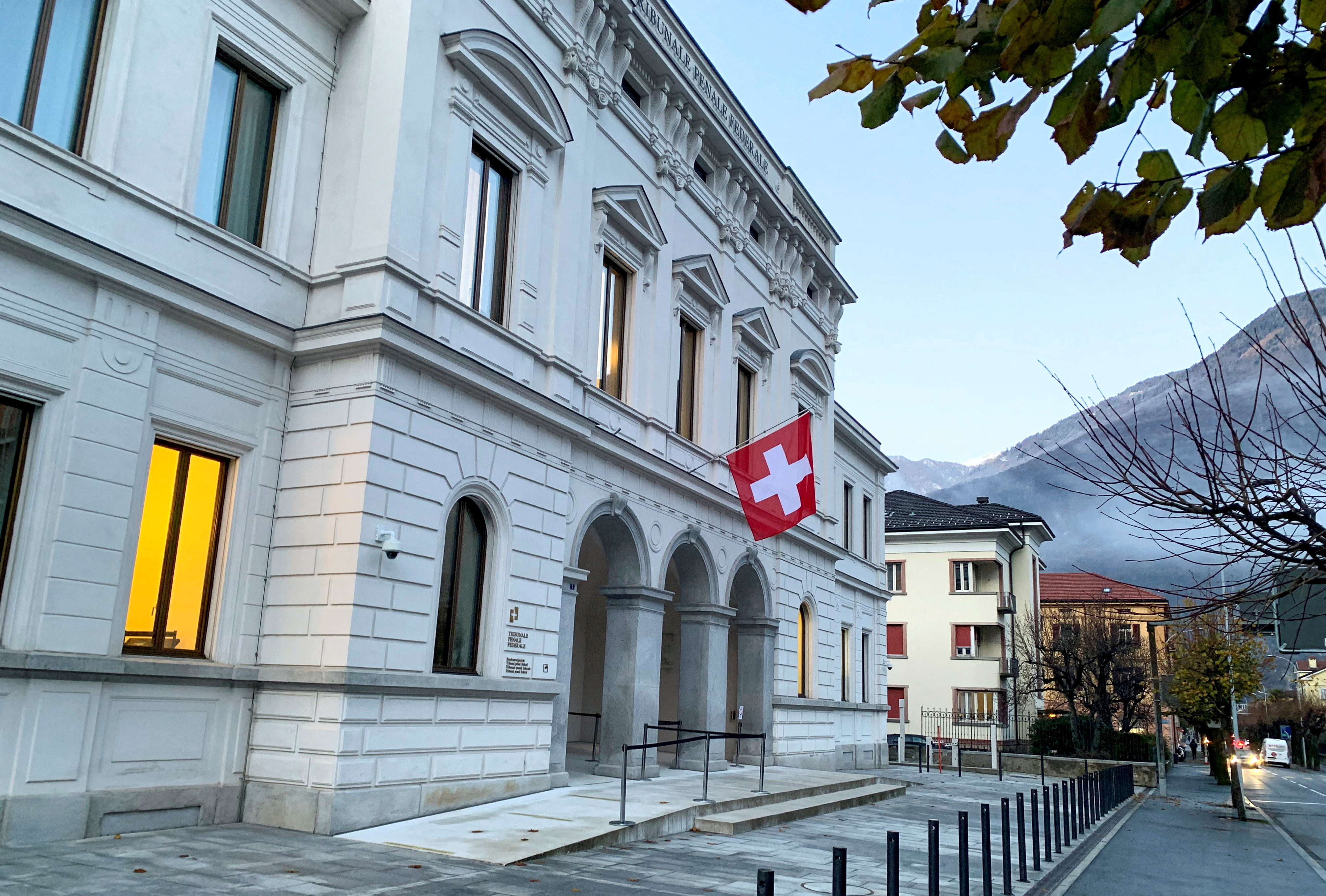 Switzerland's national flag is displayed on the Swiss Federal Criminal Court building in Bellinzona