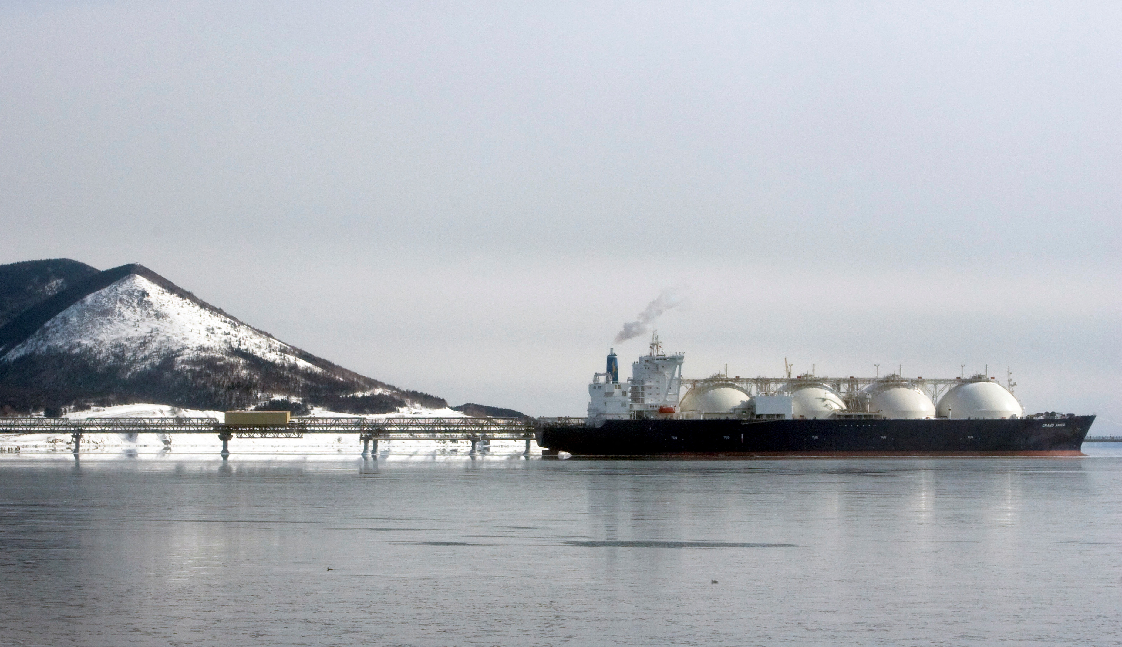 A Japanese-made liquefied natural gas carrier is anchored near an LNG plant on Sakhalin island near the town of Korsakov