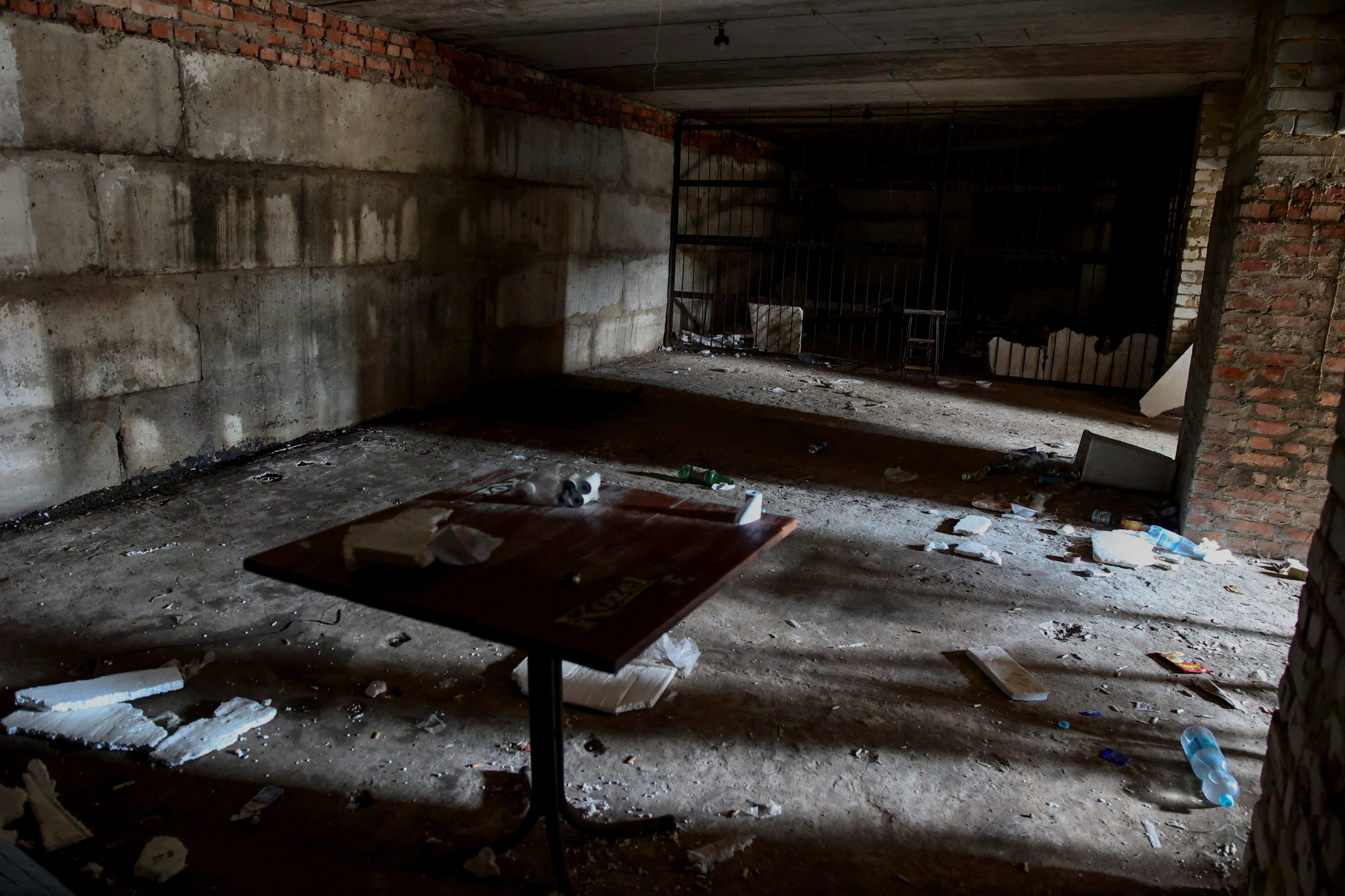Interior view shows a basement of a building, which Ukrainian authorities say was a makeshift Russian prison and torture chamber during Russia's invasion in Kozacha Lopan