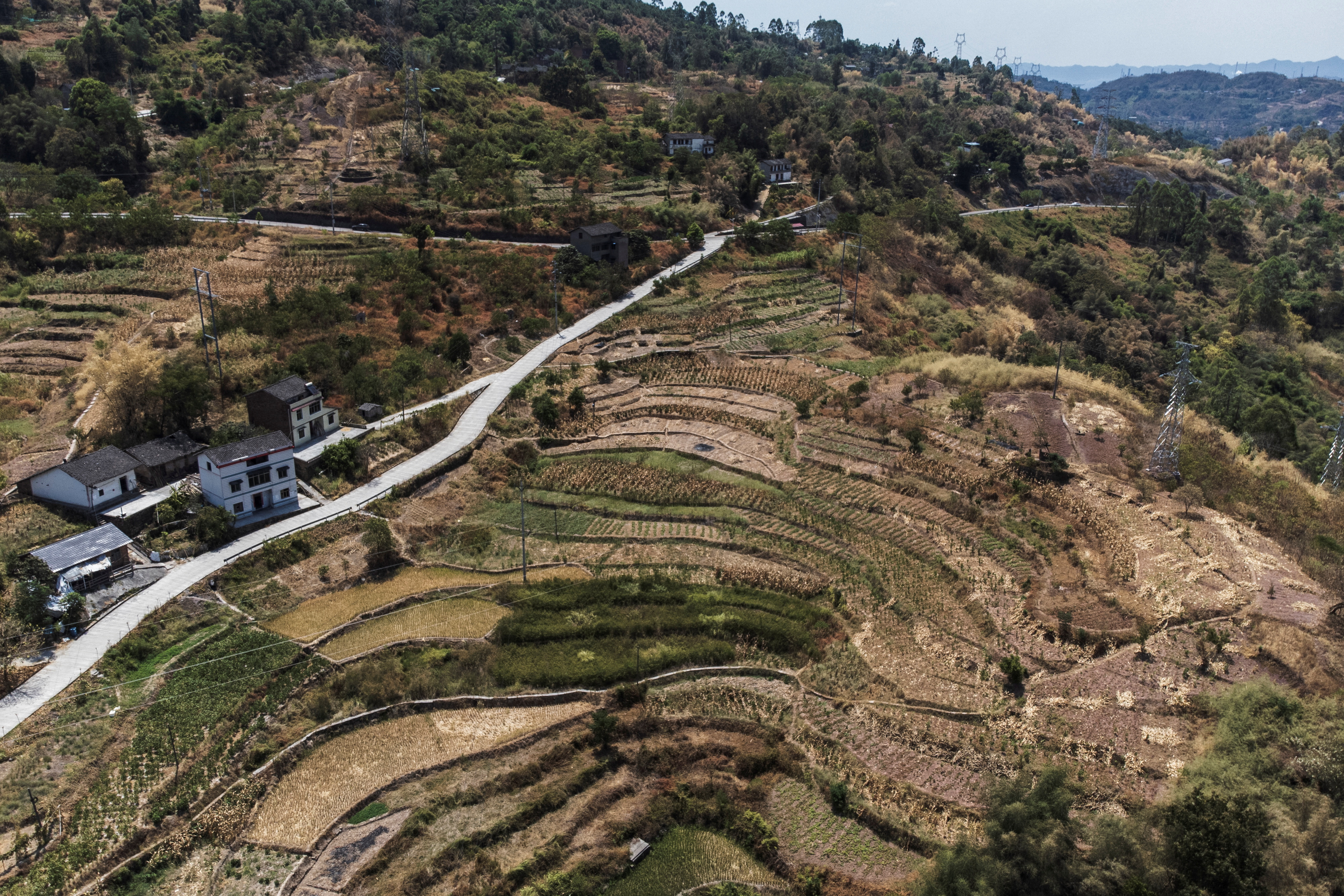 An aerial view of parched terrace fields in Fuyuan village in Chongqing