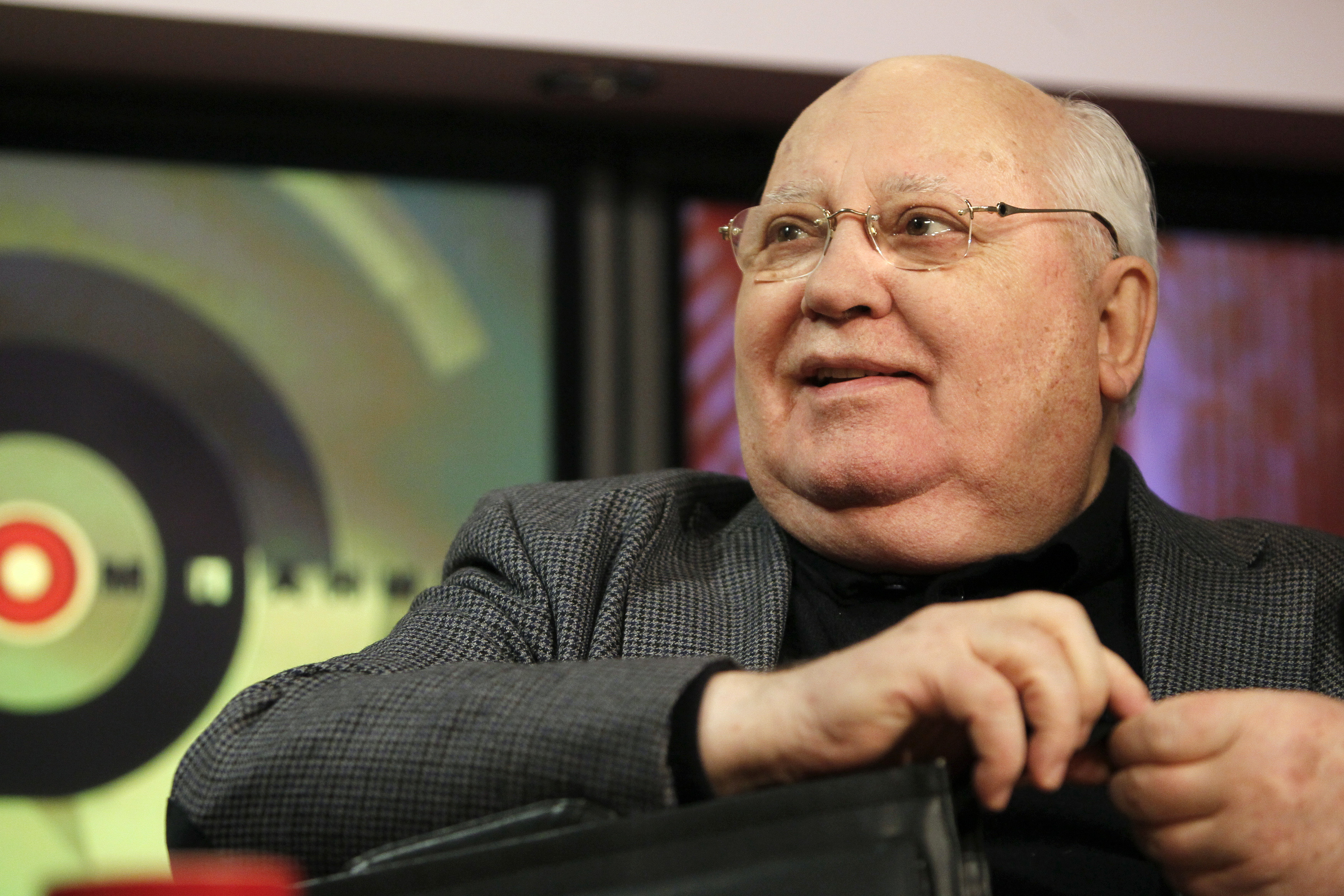 Former Soviet President Gorbachev smiles during an interview in Moscow