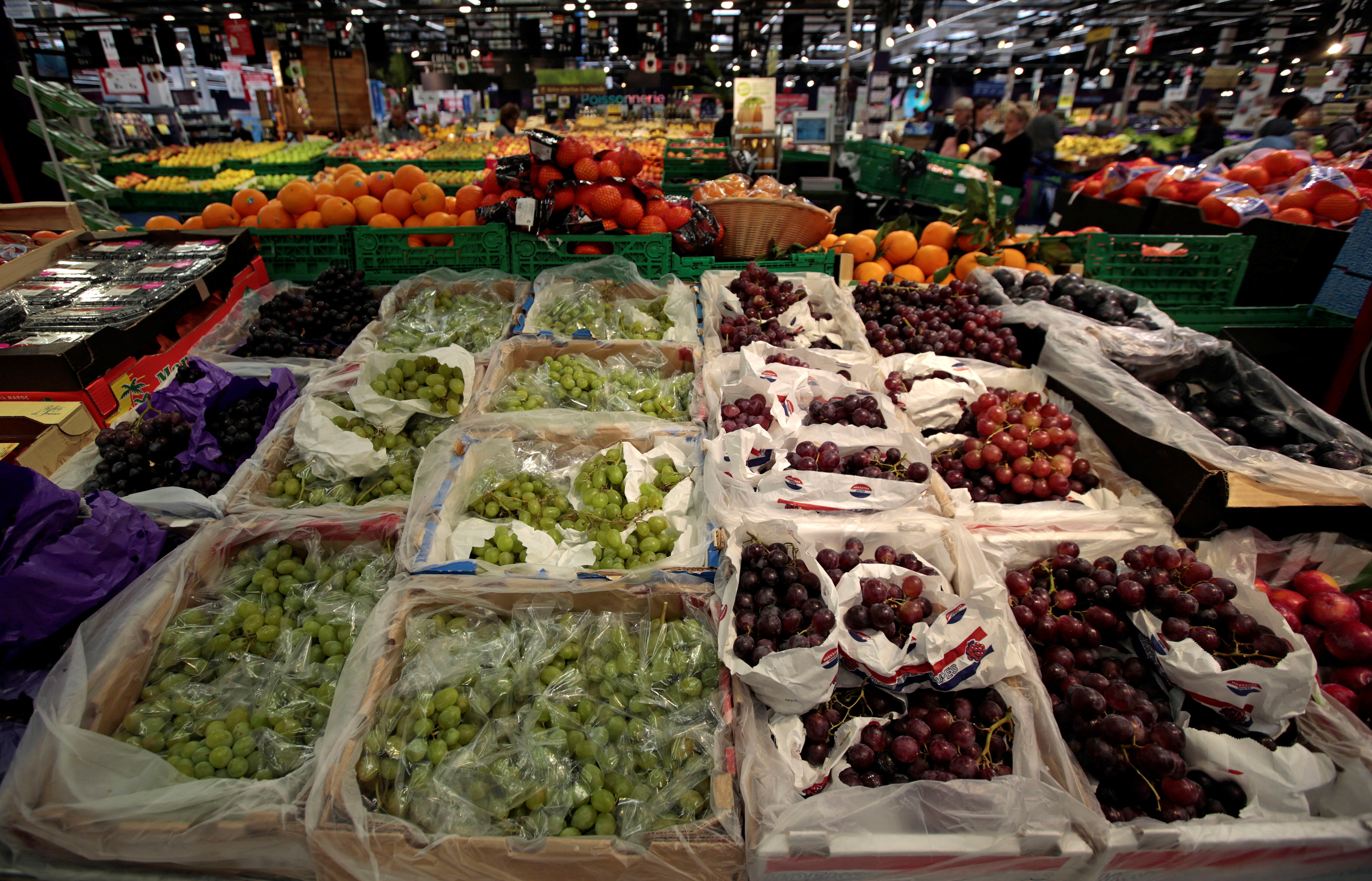 The fruit section is seen at a Carrefour hypermarket in Nice