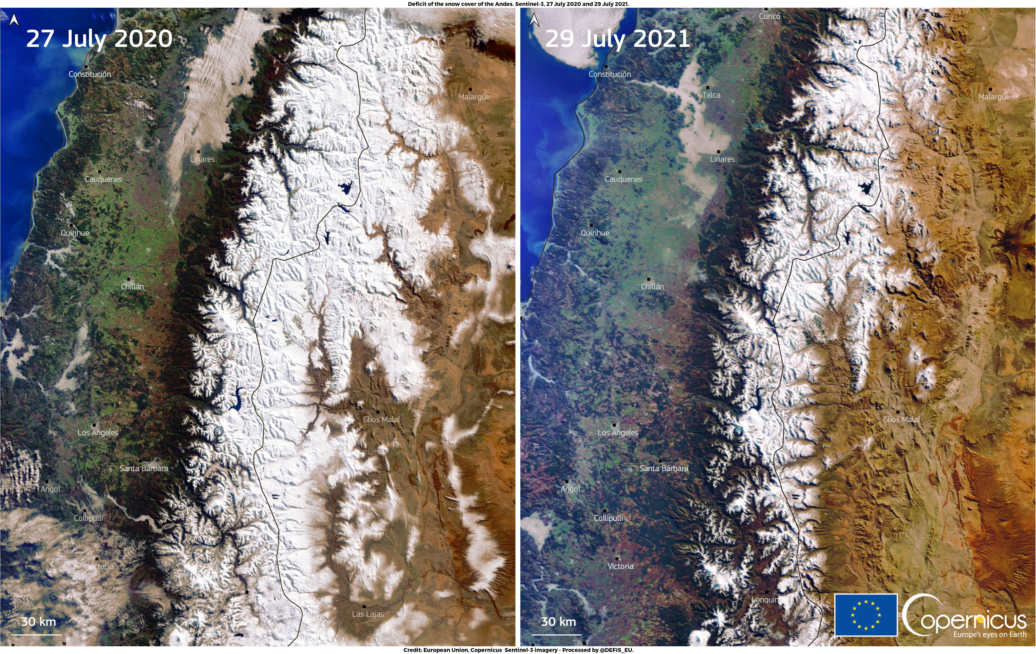 A combination of images, acquired by one of the Copernicus Sentinel-3 satellites, shows the snow deficit affecting the Andes mountain range