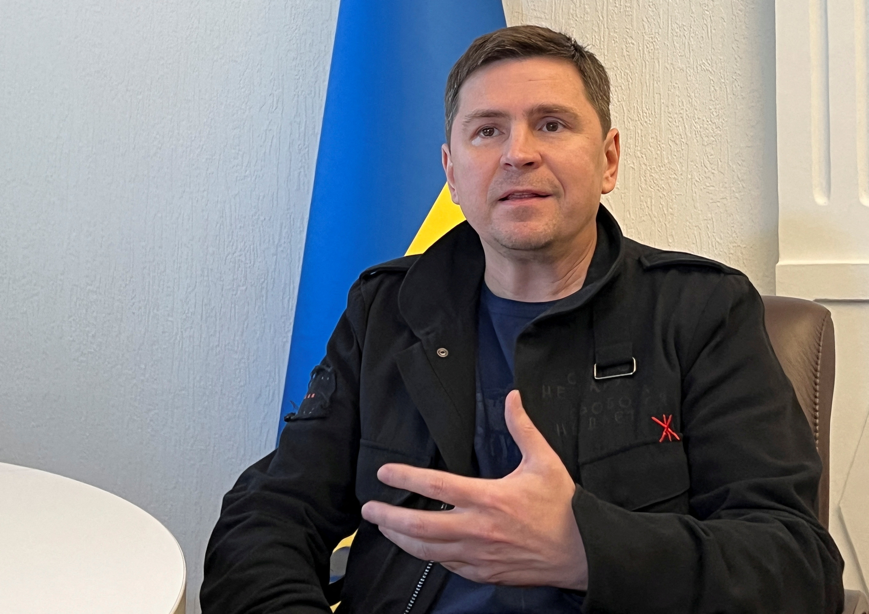 Mykhailo Podolyak, a political adviser to Ukraine's President Volodymyr Zelenskiy, speaks during an interview with Reuters,