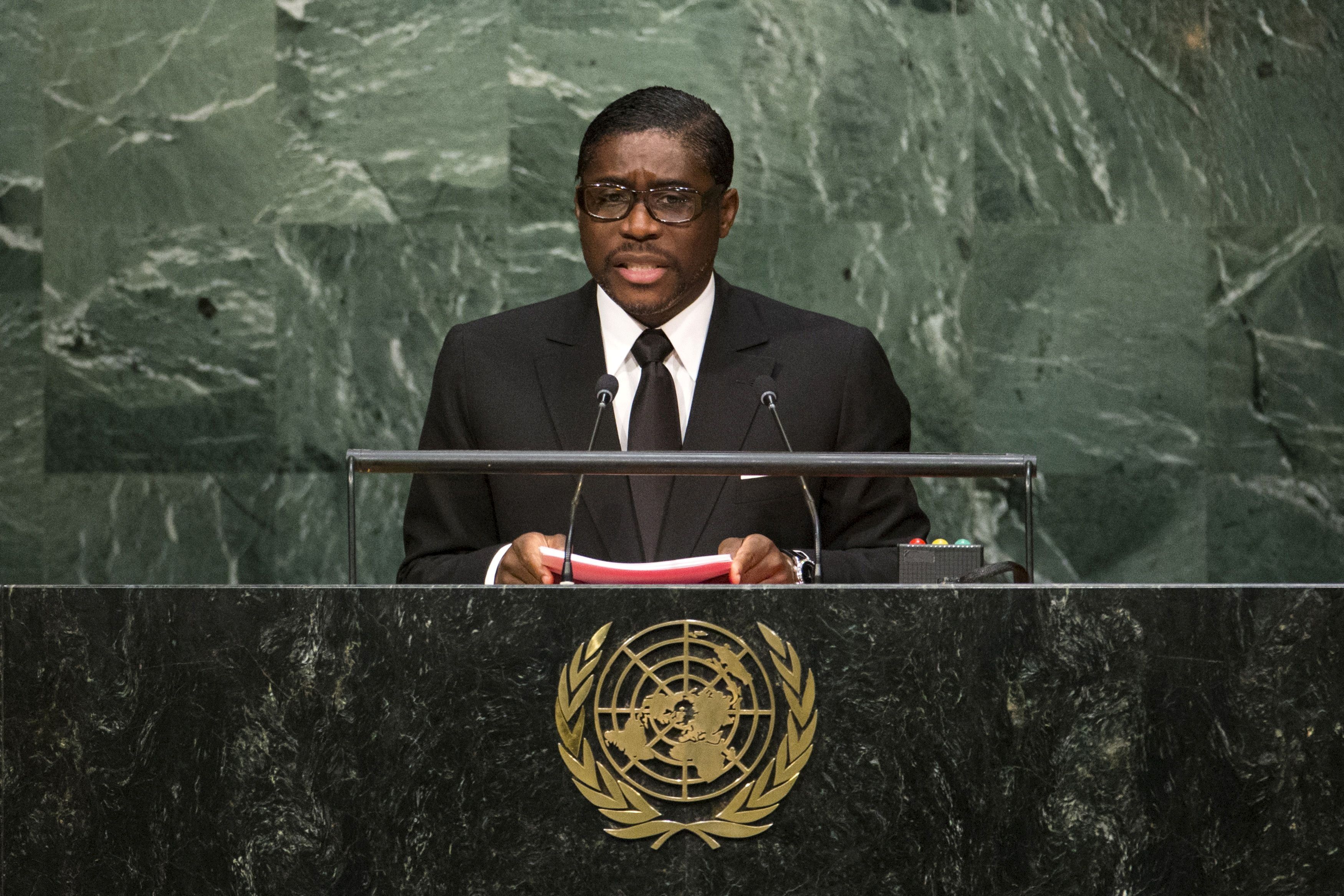Equatorial Guinea's Second Vice-President Obiang Mangue addresses attendees during the 70th session of the United Nations General Assembly at the U.N. Headquarters in New York