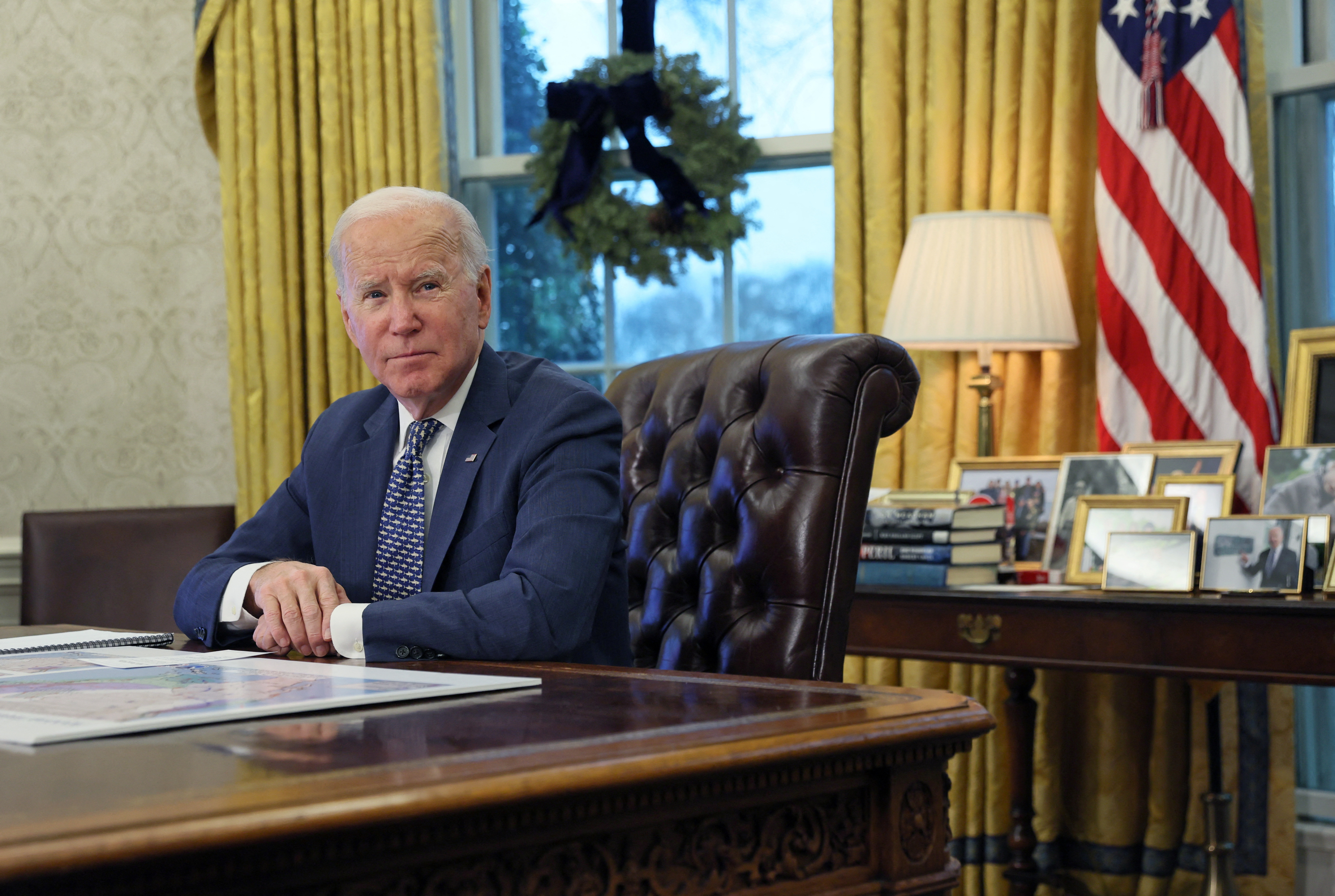 U.S. President Joe Biden receives a briefing about the upcoming winter storm