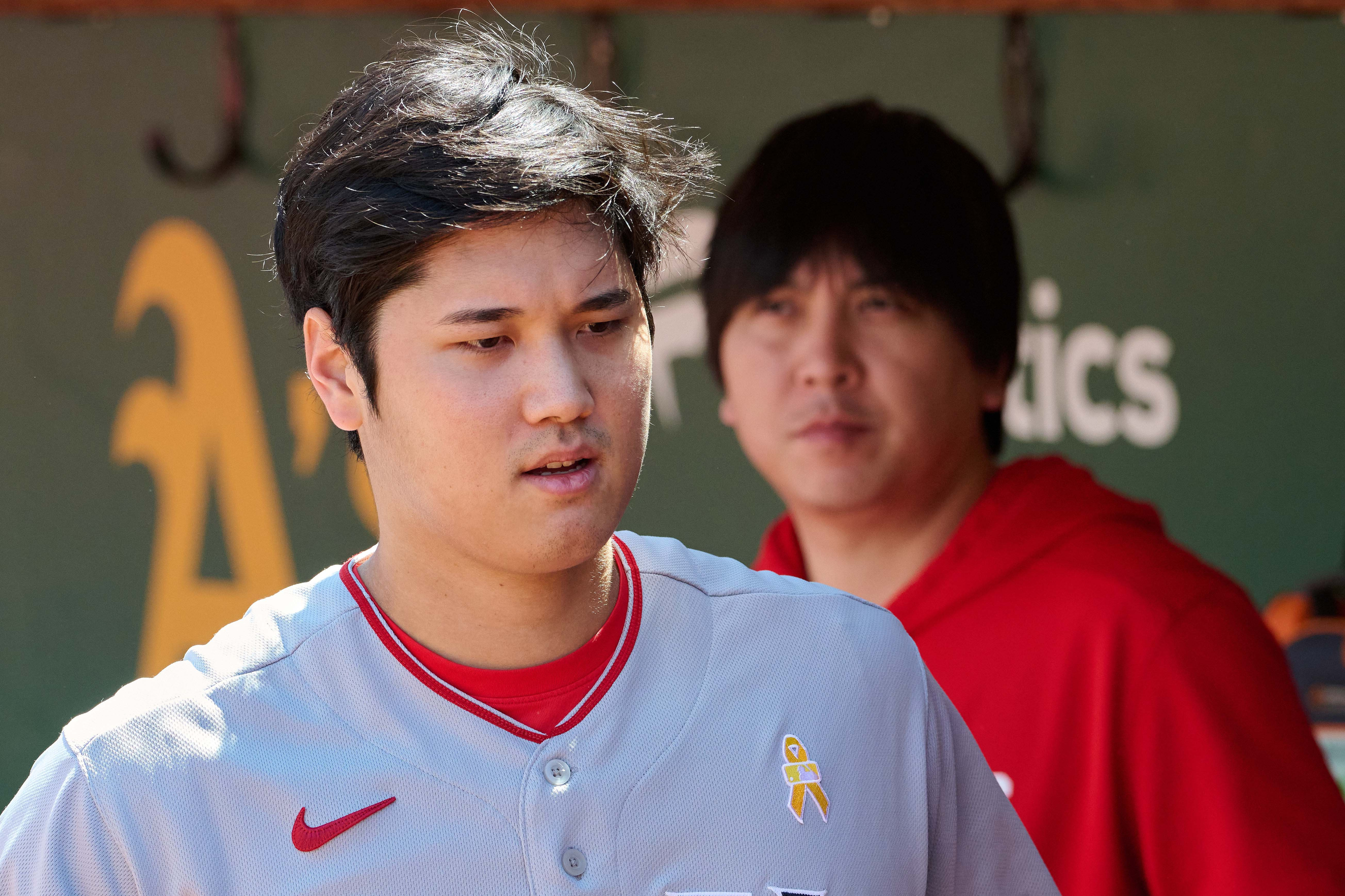 Los Angeles Angels designated hitter Shohei Ohtani wears a jersey