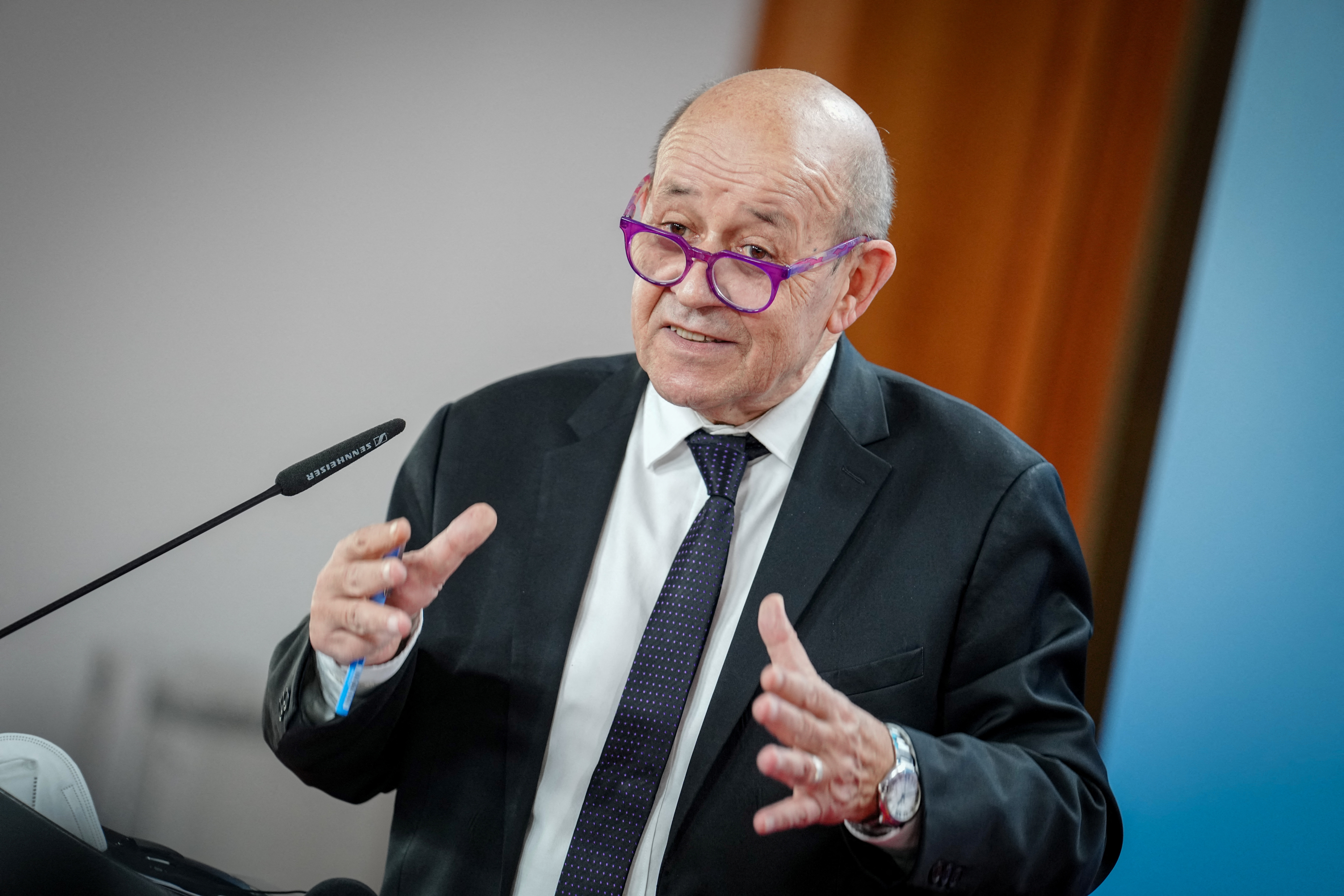 German FM Baerbock and French counterpart Le Drian news confererence in Berlin