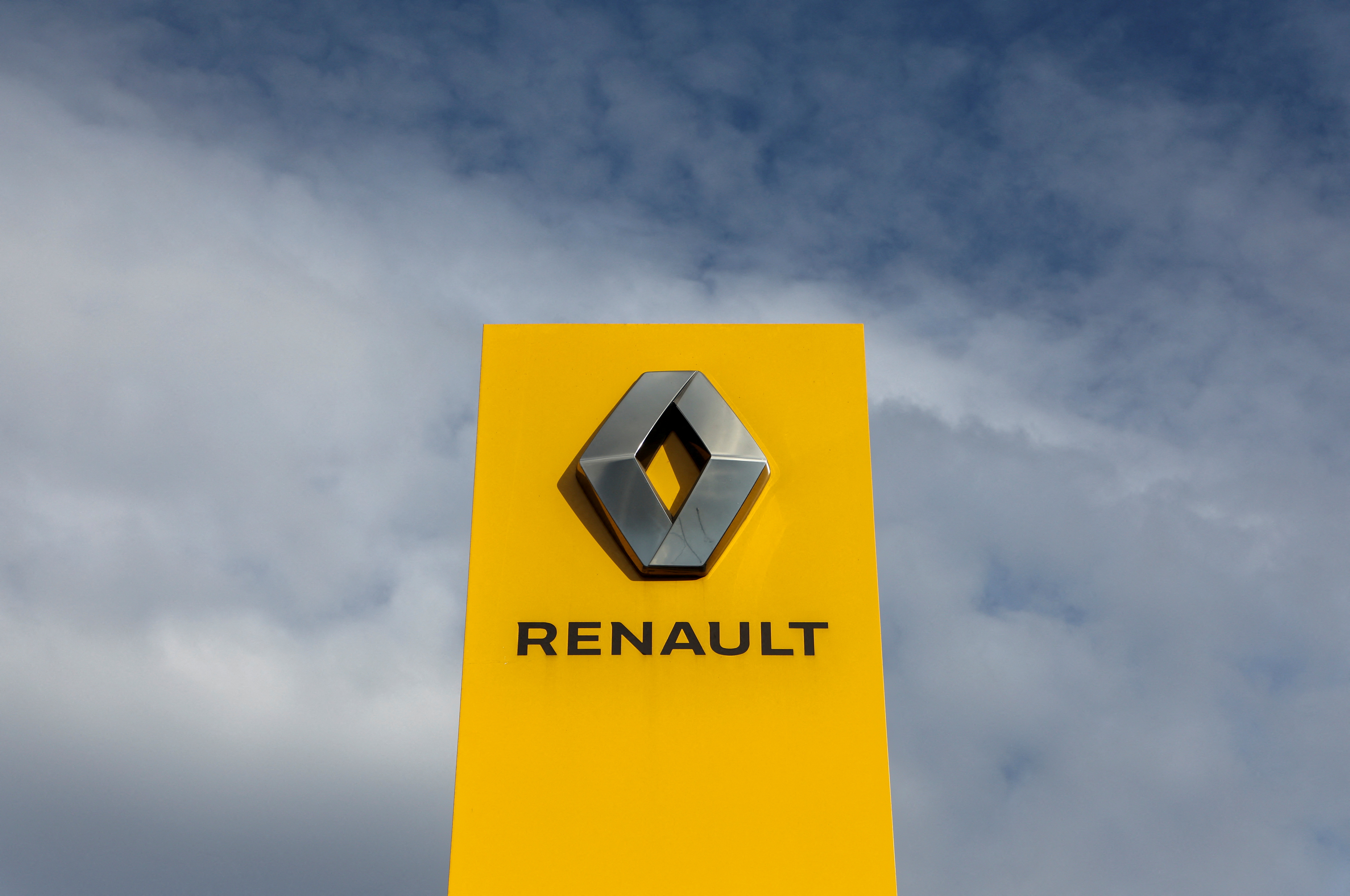 A board with the logo of Renault is on display in Saint Petersburg