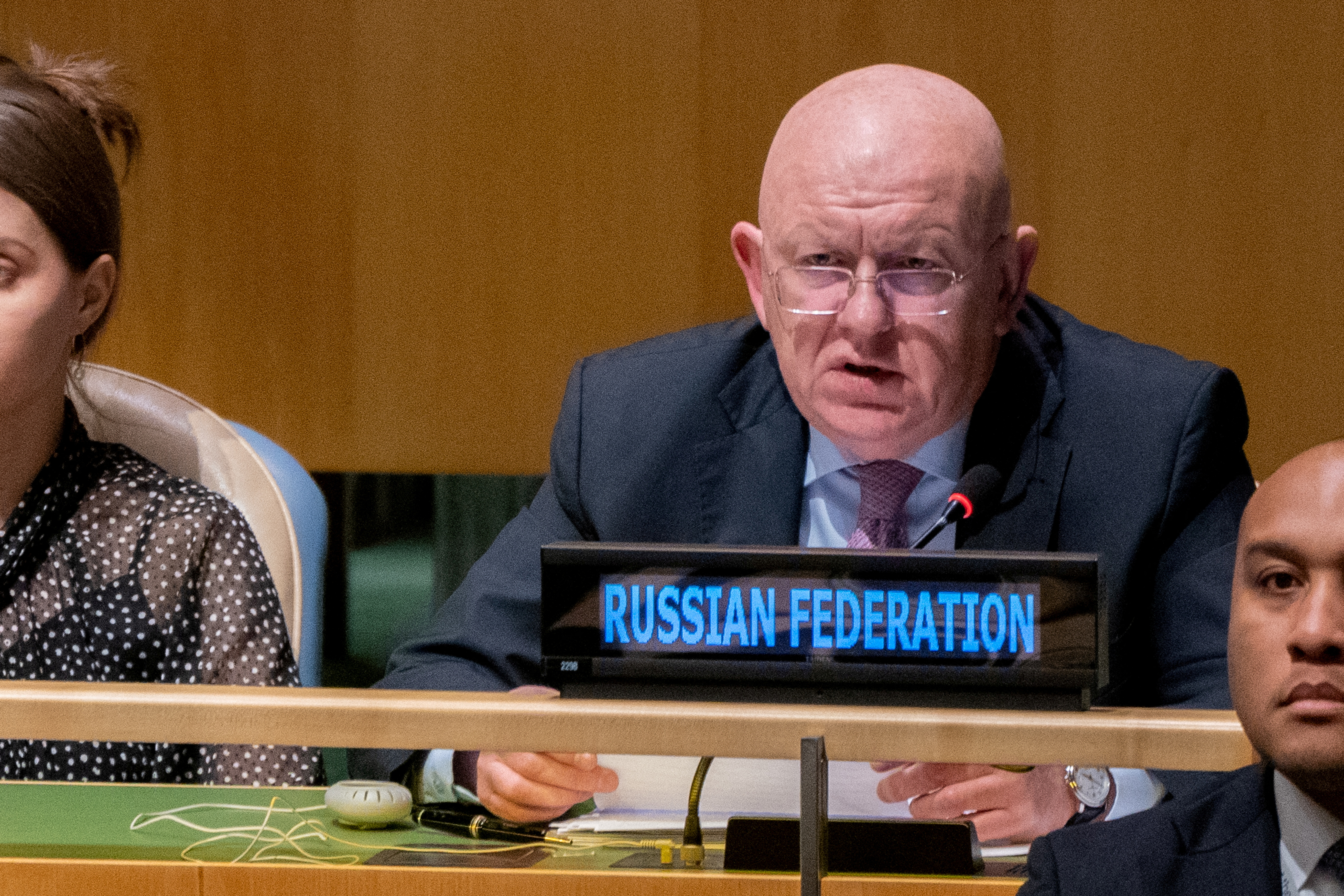 Russian Ambassador to the U.N. Vassily Nebenzia address members of the general assembly prior to a vote on a resolution condemning the annexation of parts of Ukraine amid Russia's invasion of Ukraine, at the United Nations Headquarters