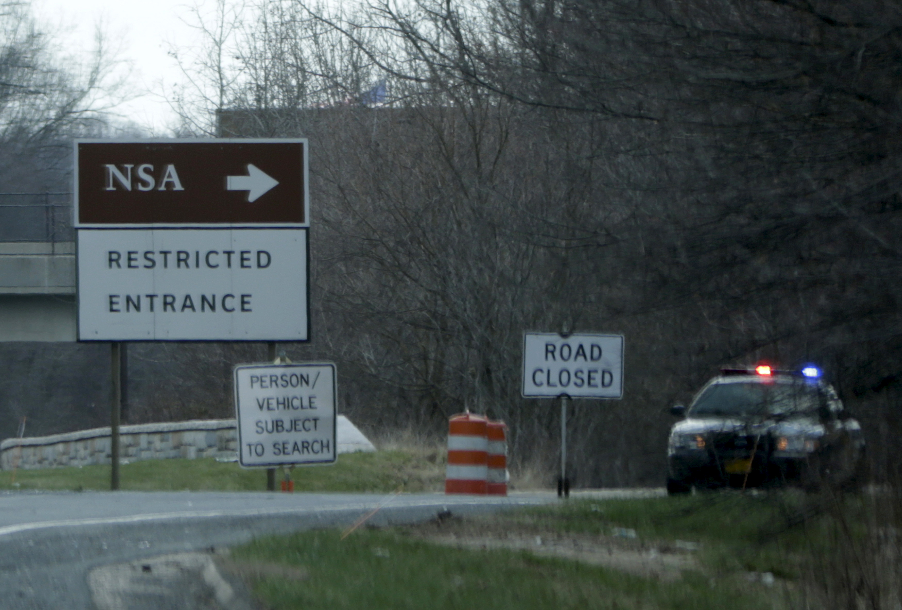 Police car guards entrance to NSA facility in Maryland
