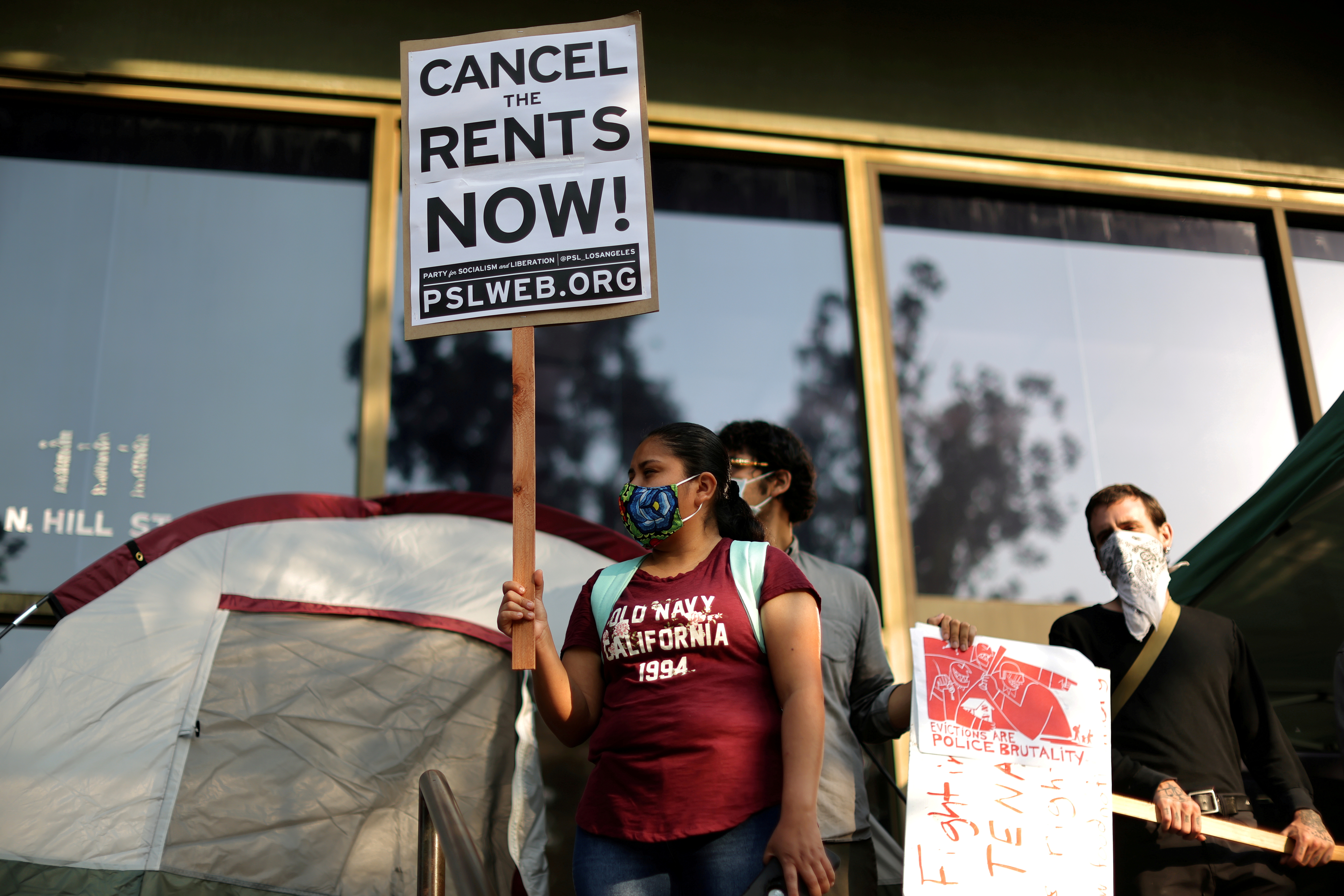 Protesters surround the LA Superior Court to prevent an upcoming wave of evictions and call on Governor Gavin Newsom to pass an eviction moratorium, amid the global outbreak of coronavirus disease (COVID-19), in Los Angeles