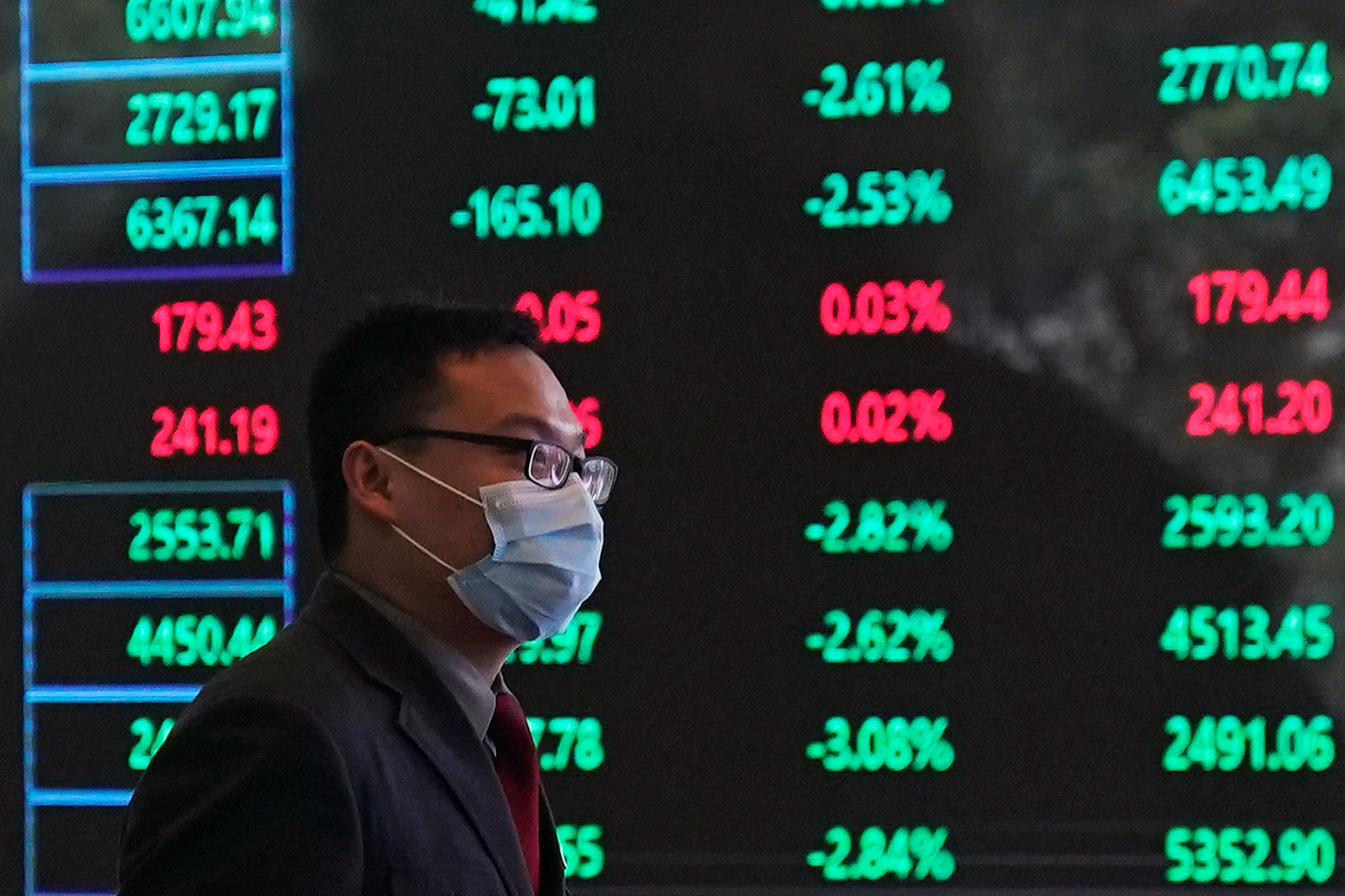 FIE PHOTO: A man wearing a protective mask is seen inside the Shanghai Stock Exchange building, at the Pudong financial district in Shanghai