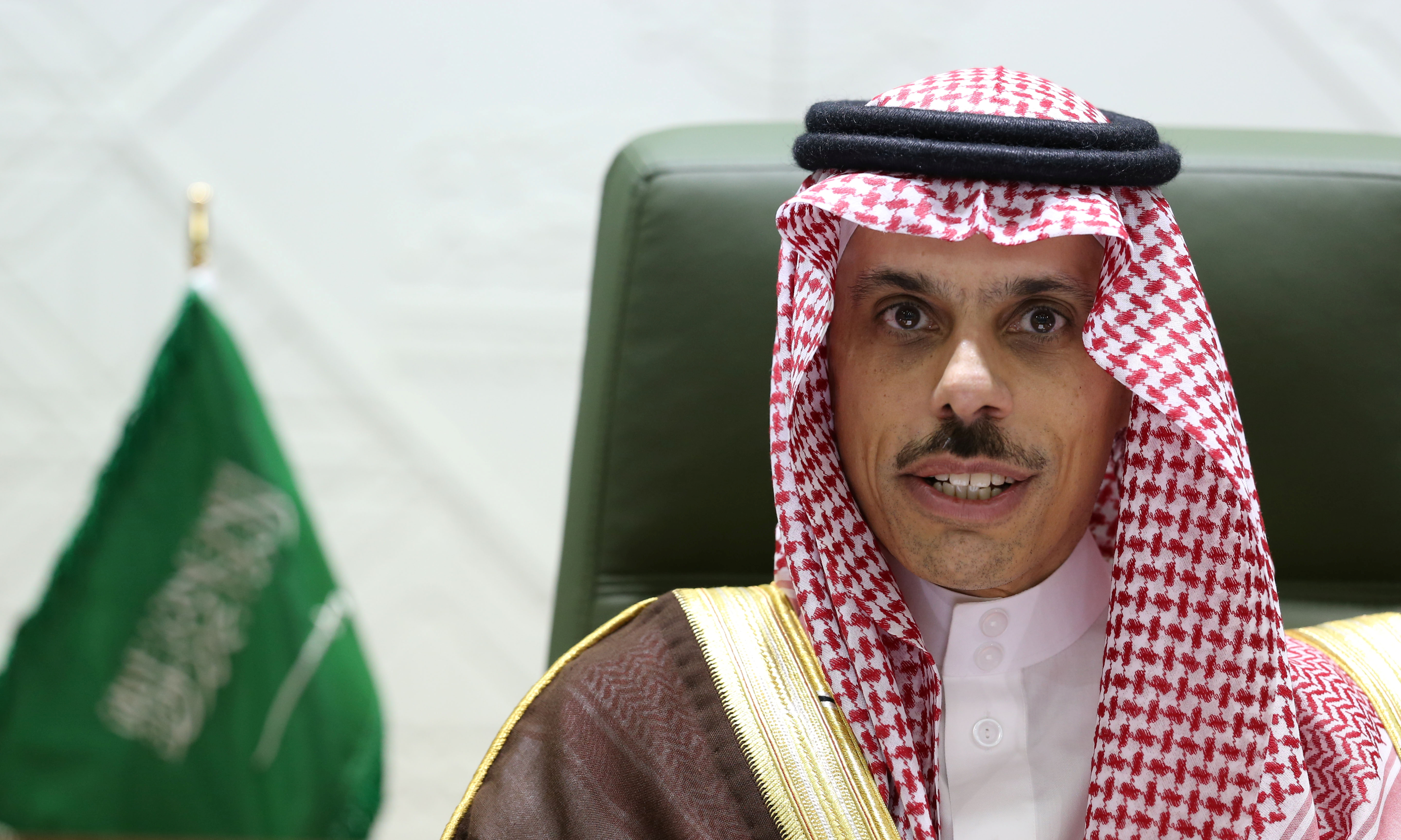 Saudi Arabia's Foreign Minister Prince Faisal bin Farhan Al Saud speaks during a news conference in Riyadh