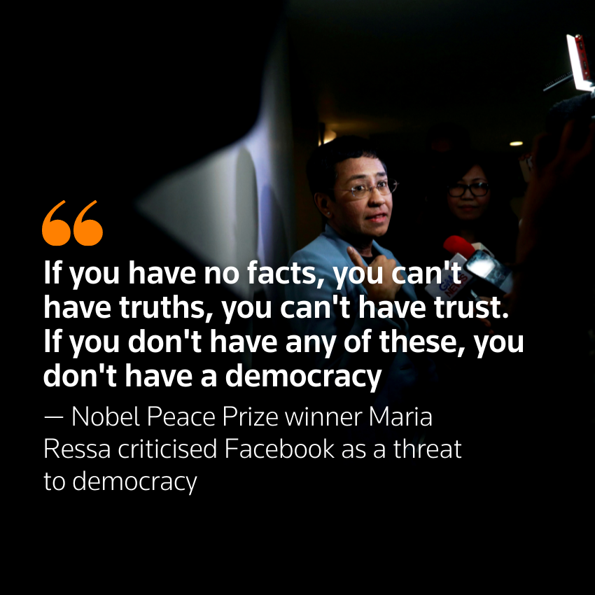 "Si no tienes hechos, no puedes tener verdades, no puedes tener confianza. Si no tienes ninguno de estos, no tienes democracia" - La ganadora del Premio Nobel de la Paz, Maria Ressa, criticó a Facebook como un amenaza a la democracia