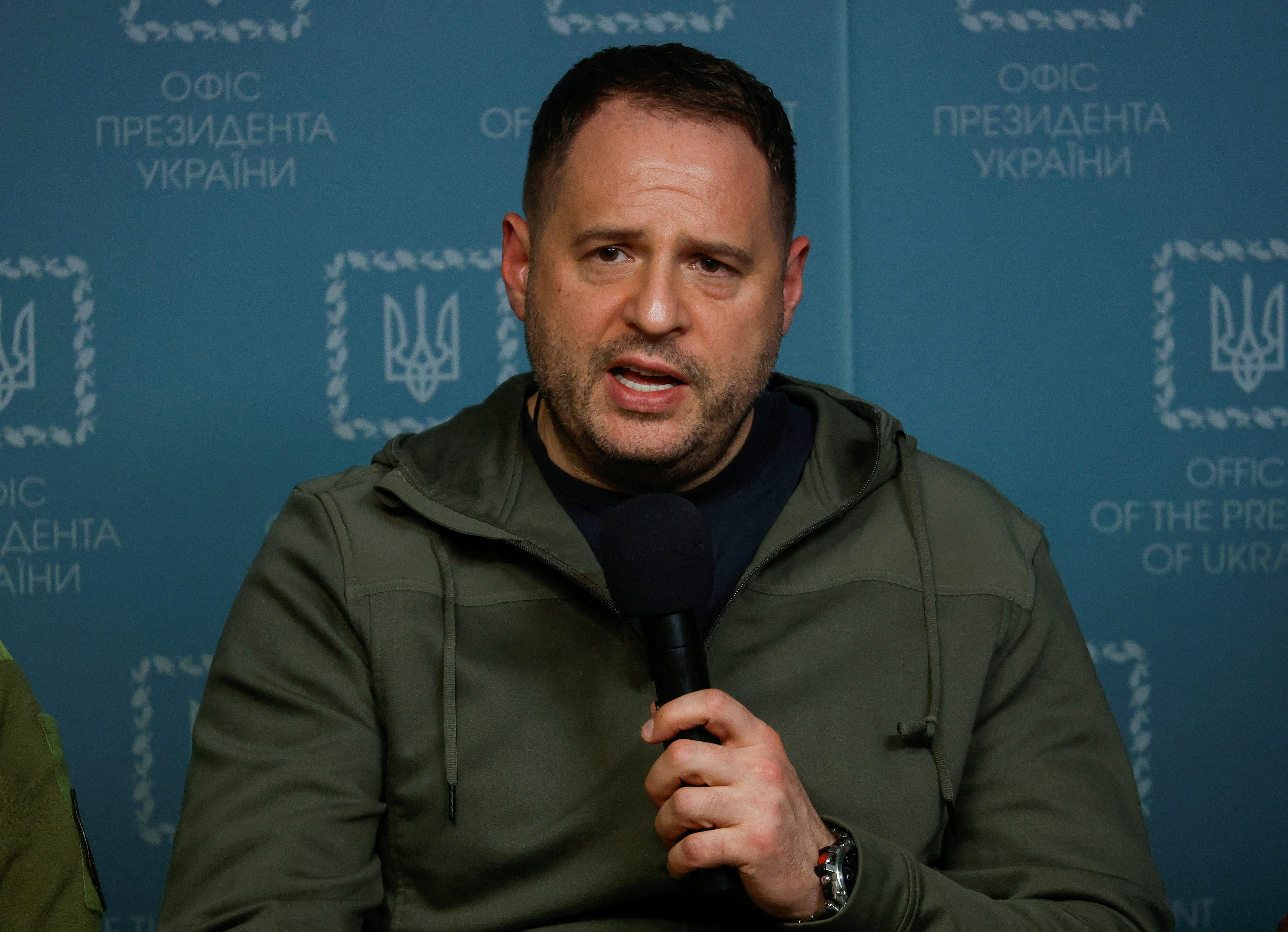 The head of the Ukrainian president's office, Andriy Yermak, attends a news briefing in Kyiv,