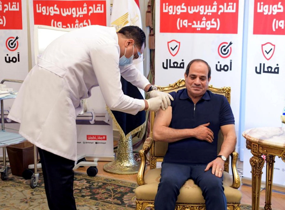 Egyptian President Abdel Fattah al-Sisi receives a dose of a vaccine against the coronavirus disease (COVID-19) in Cairo, Egypt, April 25, 2021 in this handout picture courtesy of the Egyptian Presidency. The Egyptian Presidency/Handout via REUTERS  