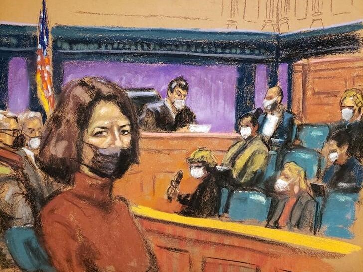 Jeffrey Epstein associate Ghislaine Maxwell sits as the guilty verdict in her sex abuse trial is read in a courtroom sketch in New York City, U.S., December 29, 2021. REUTERS/Jane Rosenberg